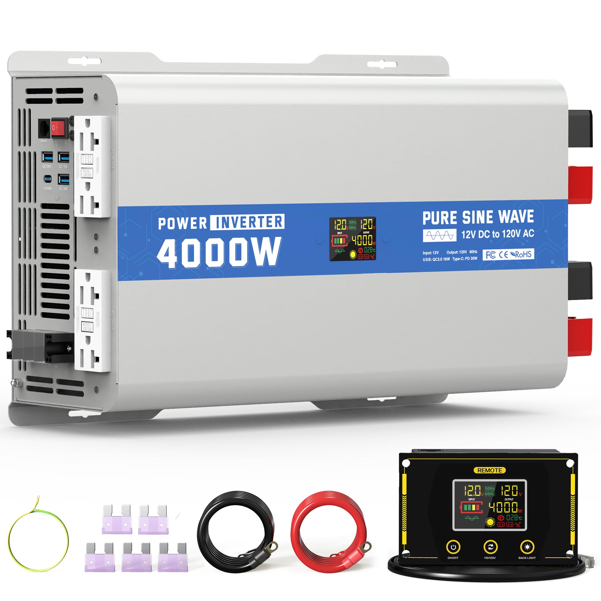 ASMONTRIC 4000 Watt Pure Sine Wave Inverter, 12V DC to 120V AC Power Inverter with LCD Display, GFCI Outlet, USB Port, 4 AC Outl