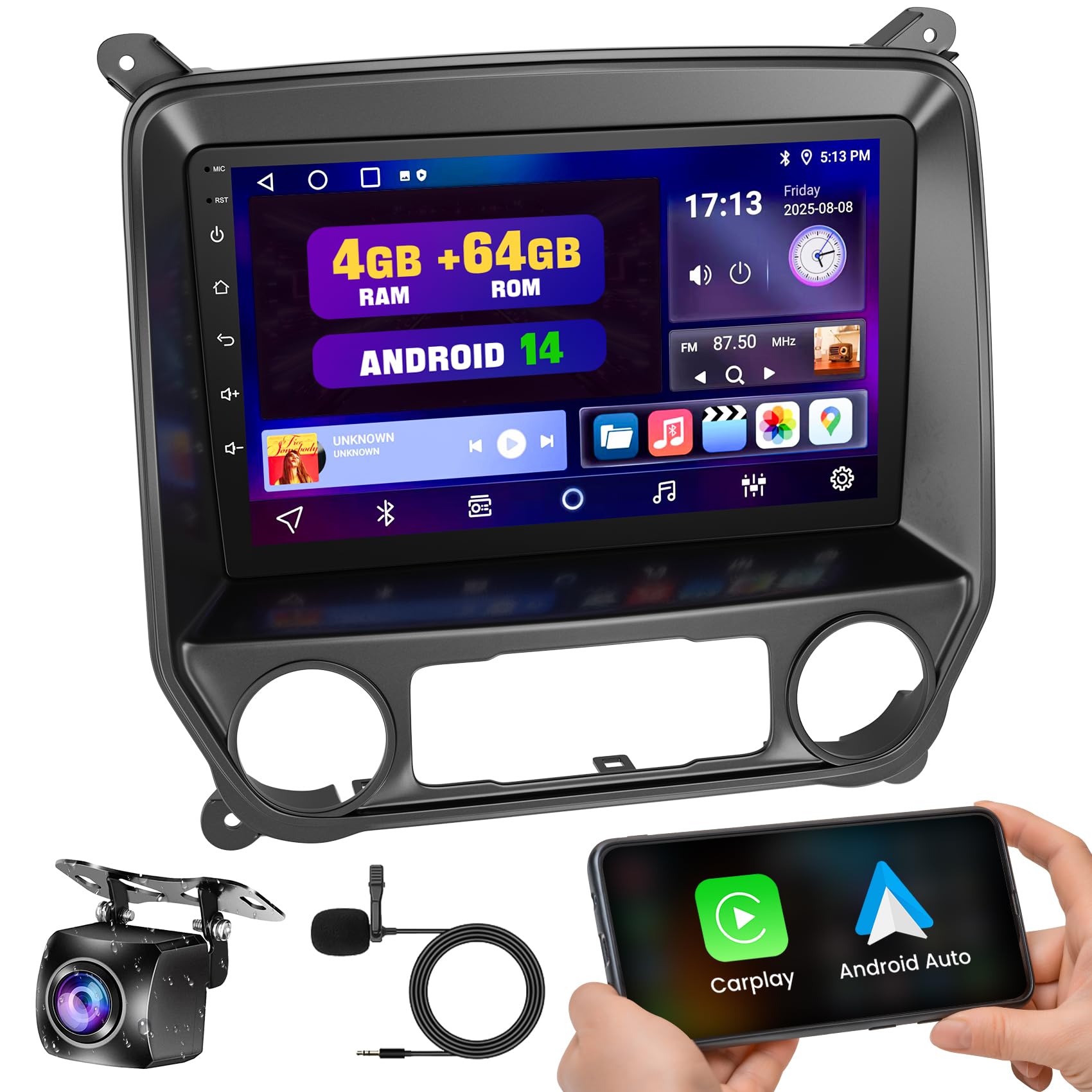 4G+64G Car Radio Stereo for Chevrolet Silverado & GMC Sierra 2014-2018(Without Bo-se System), Support Wireless Carplay&Android A