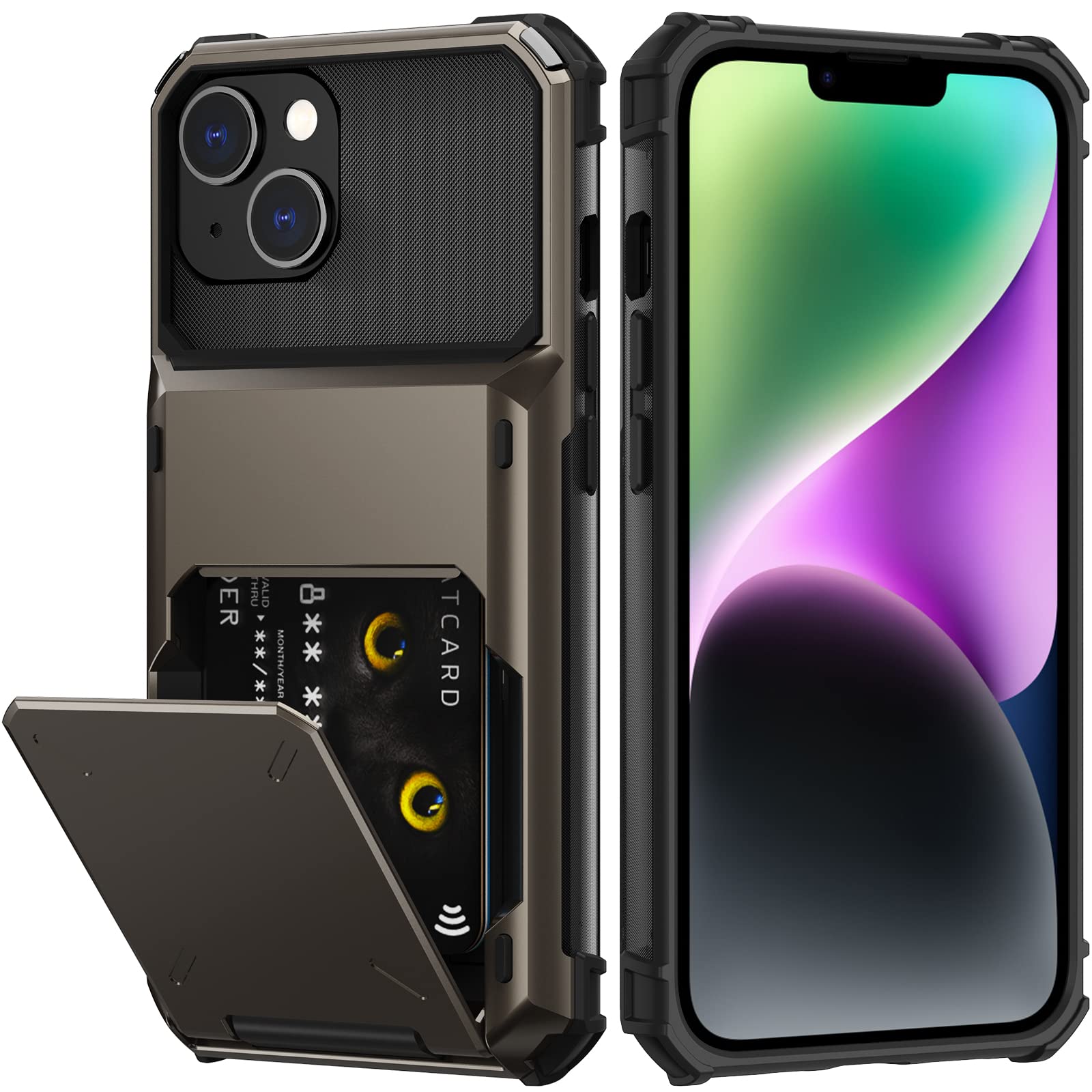 Nvollnoe For Iphone 14 Case With Card Holder[Store 5 Cards] Dual Layer Heavy Duty Shockproof Iphone 14 Wallet Case With Hidden C