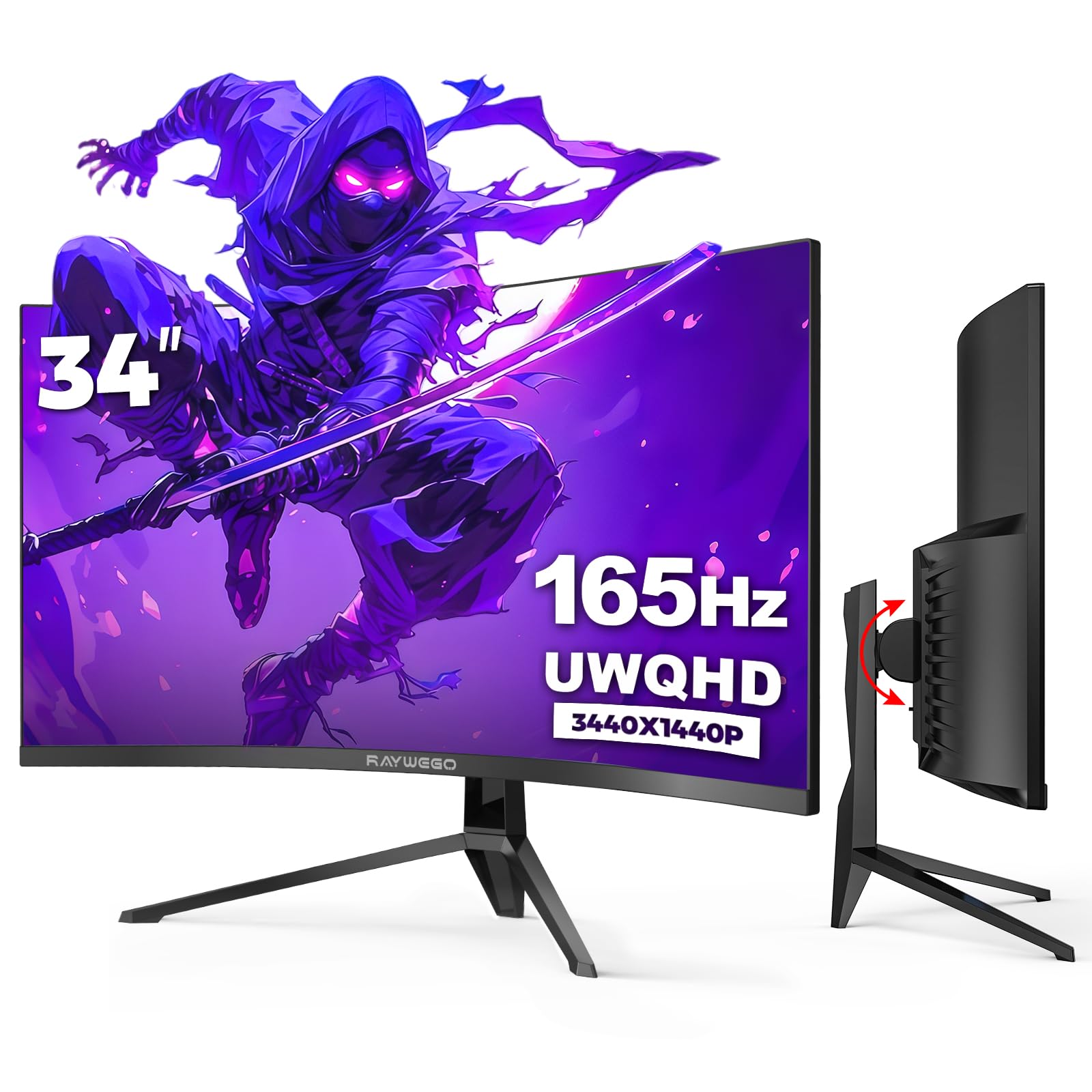 Raywego 34 inch Ultrawide Curved Computer Gaming Monitor 165Hz UWQHD 3440x1440,1500R -PIP,1ms (MPRT),HDR, 300nits, sRGB99%,FreeS