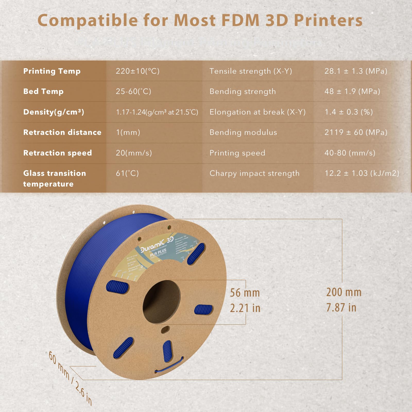 Duramic 3D Pla Plus Filament 1.75Mm Blue,1Kg Spool (2.2Lbs) 3D Printing Filament Pla + Dimensional Accuracy 99% +/- 0.03 Mm Toug
