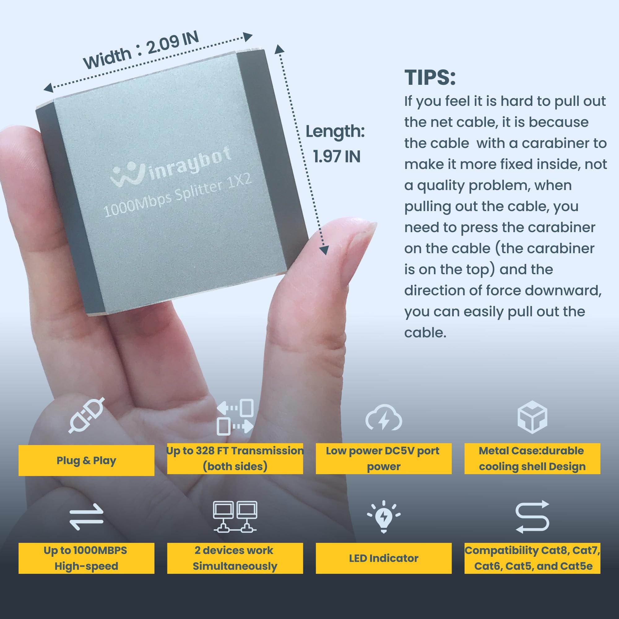 Ethernet Splitter,Ethernet Splitter 1 To 2,Ethernet Switch 2 Port 1000Mbps,Lan Splitter,Ethernet Cable Splitter, Lan Rj45 Port W