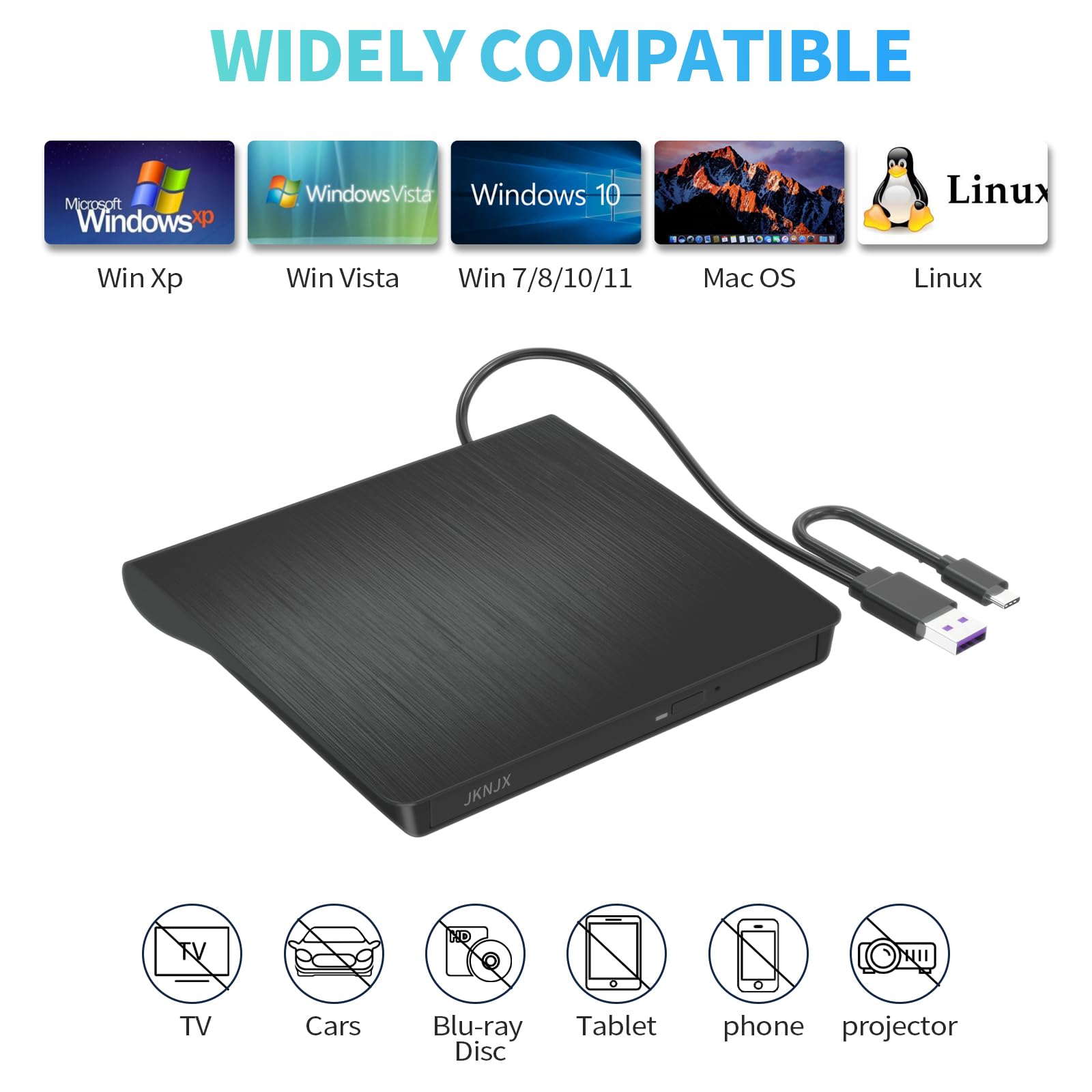 Jknjx External Dvd Drive,Usb 3.0 And Type-C Cd Dvd Disc Reader Writer Burner Player,Slim And Portable Cd Dvd +/-Rw Optical Drive