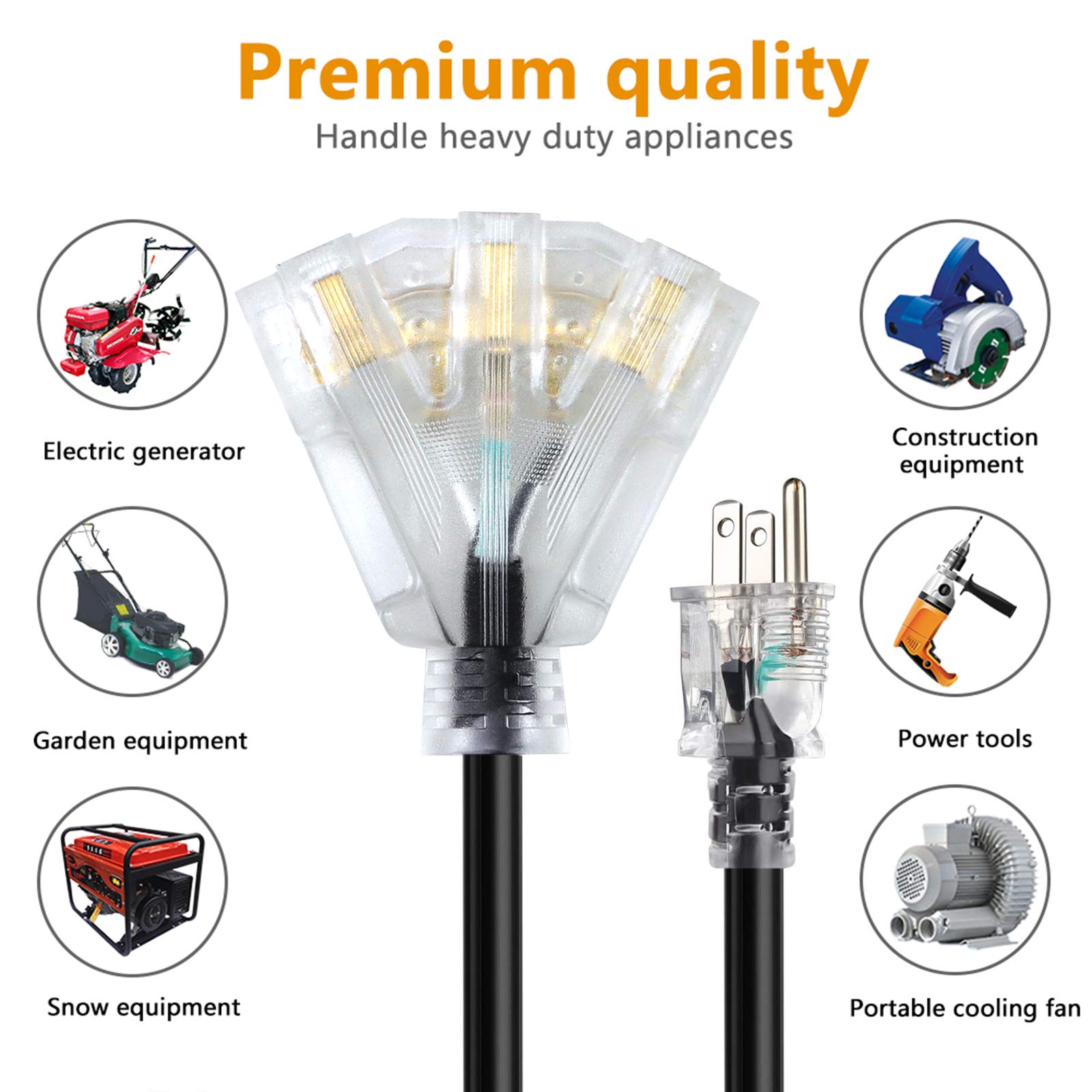 50 Ft 12/3 Extension Cord Heavy Duty Black 3 Outlet Indoor/Outdoor Sjtw Lighted 12 Gauge Grounded Power Cable ,12Awg 15 Amp, 187