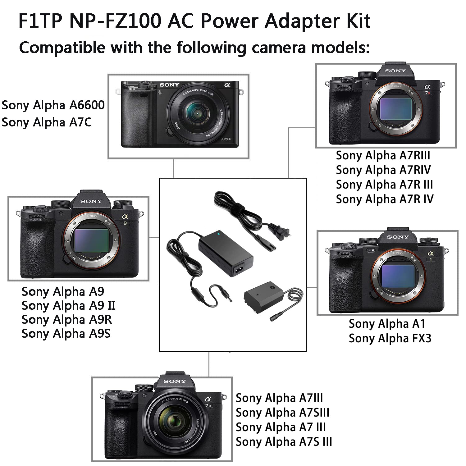 F1Tp Np Fz100 Dummy Battery Ac Power Supply Adapter Replacemen A7Iii Dummy Battery Charger Kit For Sony Alpha A6600, Fx3, A7C, A1, A7 Iii, A7 Iv, A7R Iii, A7R Iv, A7S Iii, A9, A9 Ii, A9R, A9S Cameras