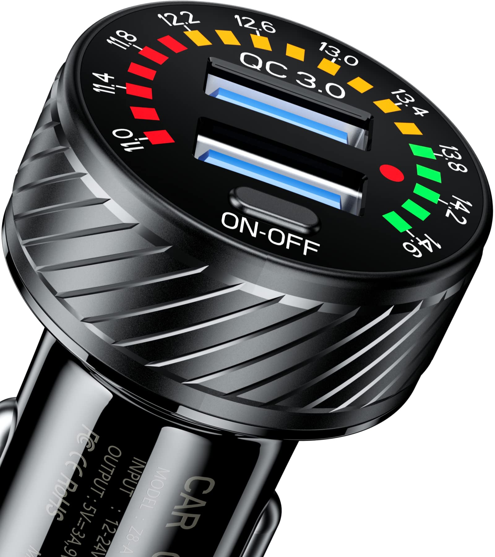 Barcovan Usb Car Phone Charger Adapter, Dual Qc3.0 Port, 36W 3A Fast Charge With Colorful Voltmeter & On/Off Switch