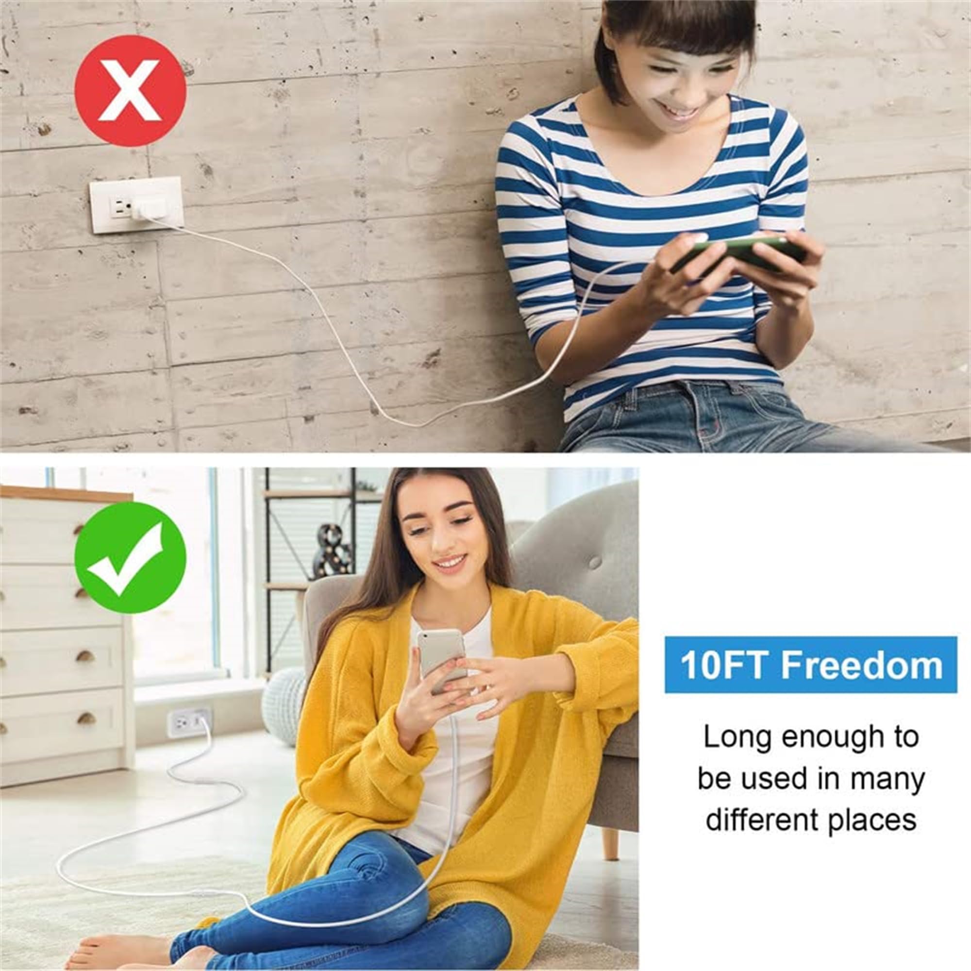 Sumind 2 Pcs Micro Usb Extension Cable 10 Ft/ 3 Meters, Micro Usb Power Extension, Micro Usb Female To Usb Male Adaptor Compatible With Wireless Security Camera Flat Power Cable, Cable Clips Included