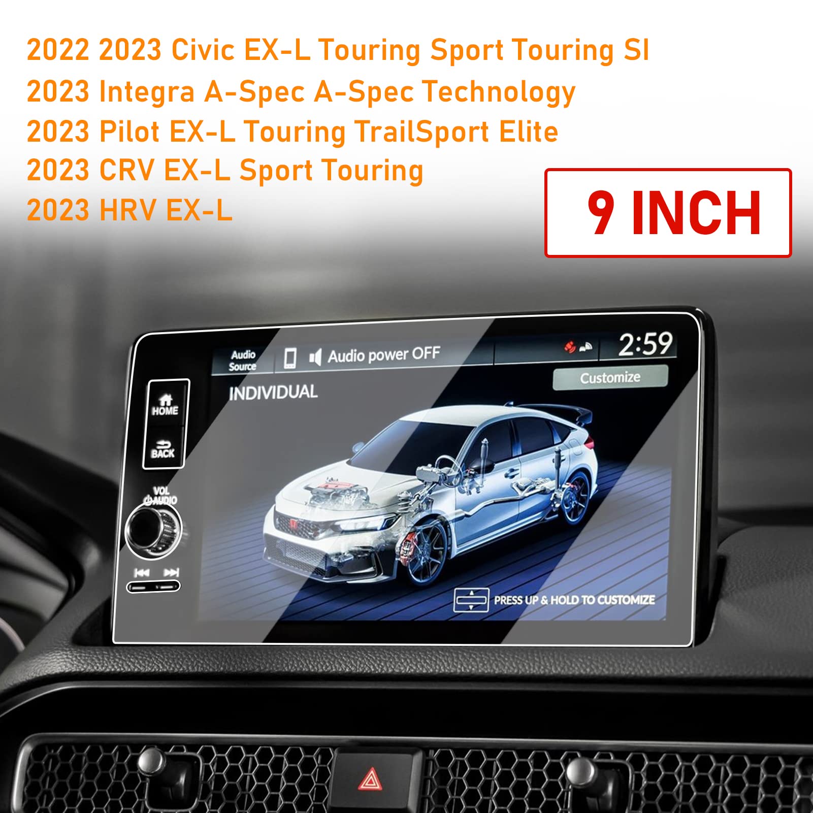 Yumzeco Compatible With 2022 2023 2024 Honda Civic Screen Protector 2023 2024 Crv Hrv Pilot Integra 9Inch,Tempered Glass Screen
