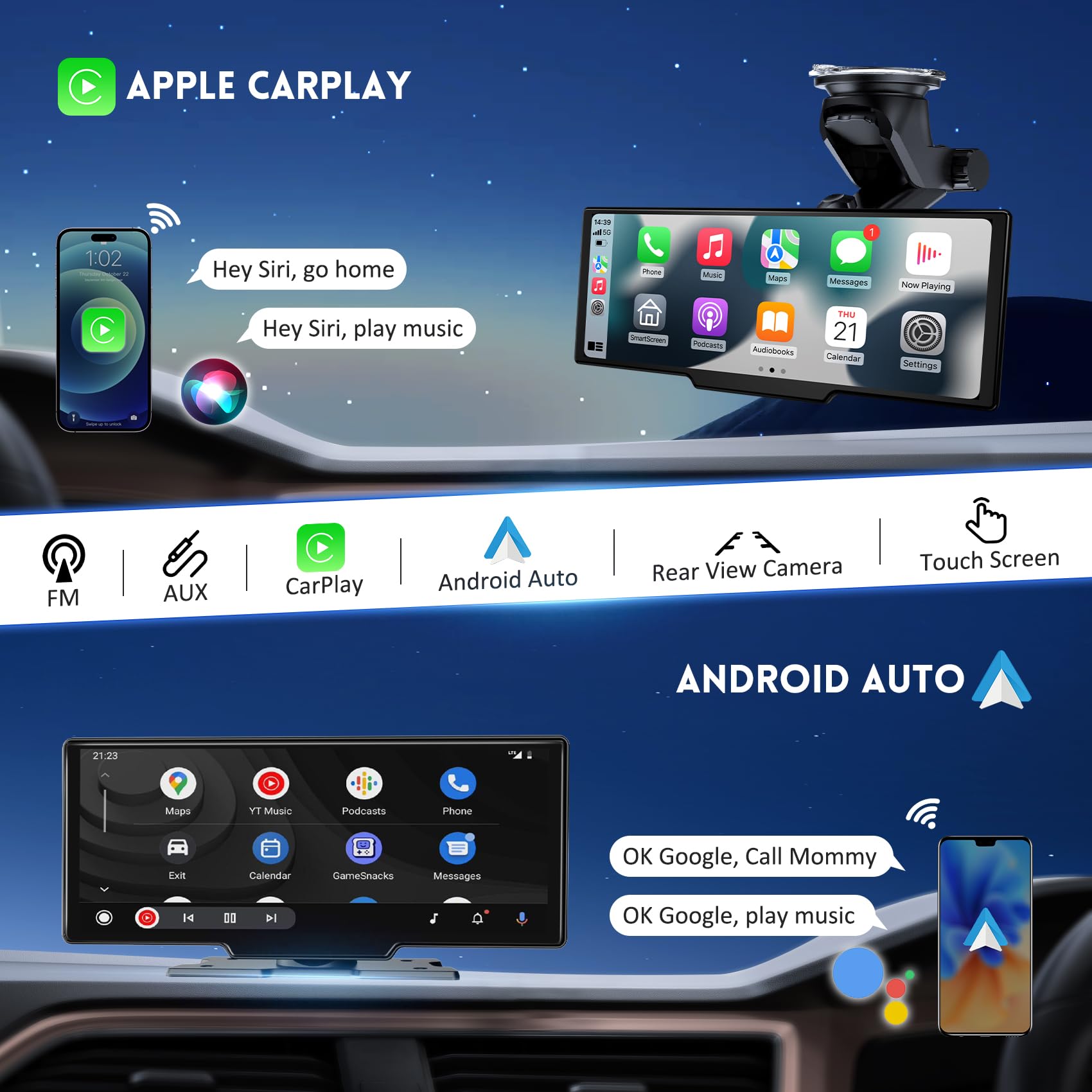 10.26'' Hd Wireless Android & Carplay Screen For Car, Portable Touchscreen Car Stereo With 4K Dash Cam, 1080P Backup Camera, Blu
