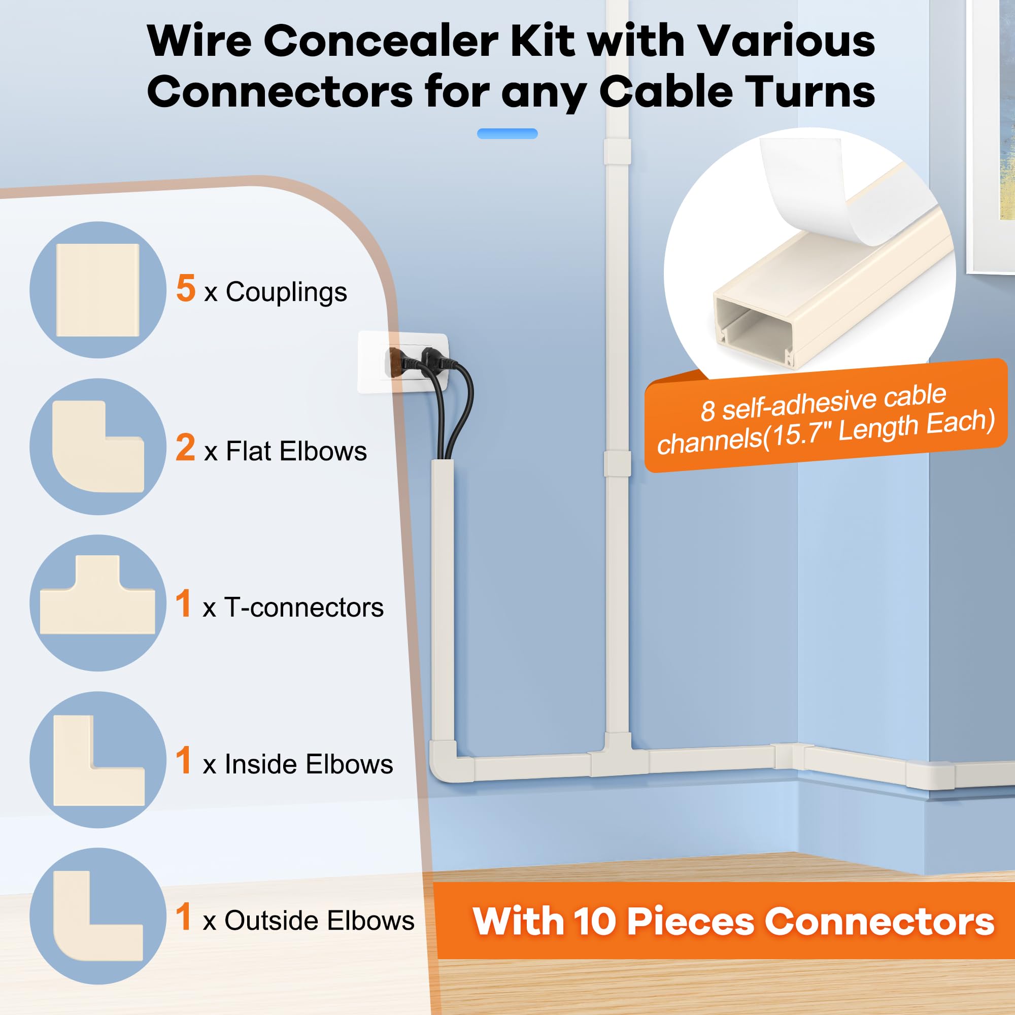 126In Cord Hider Kit, Wire Hiders For Tv On Wall, Paintable Cable Management Kit, Wire Cover For Wall Mount Tv, Hide Wires Along