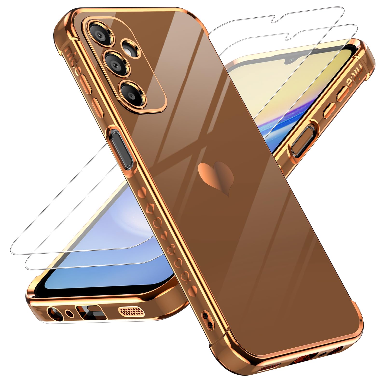 Leyi For Samsung A15 5G Case: With Tempered Glass Screen Protector [2 Pcs]+ Full Camera Lens Protection, Love Heart Plating Luxu