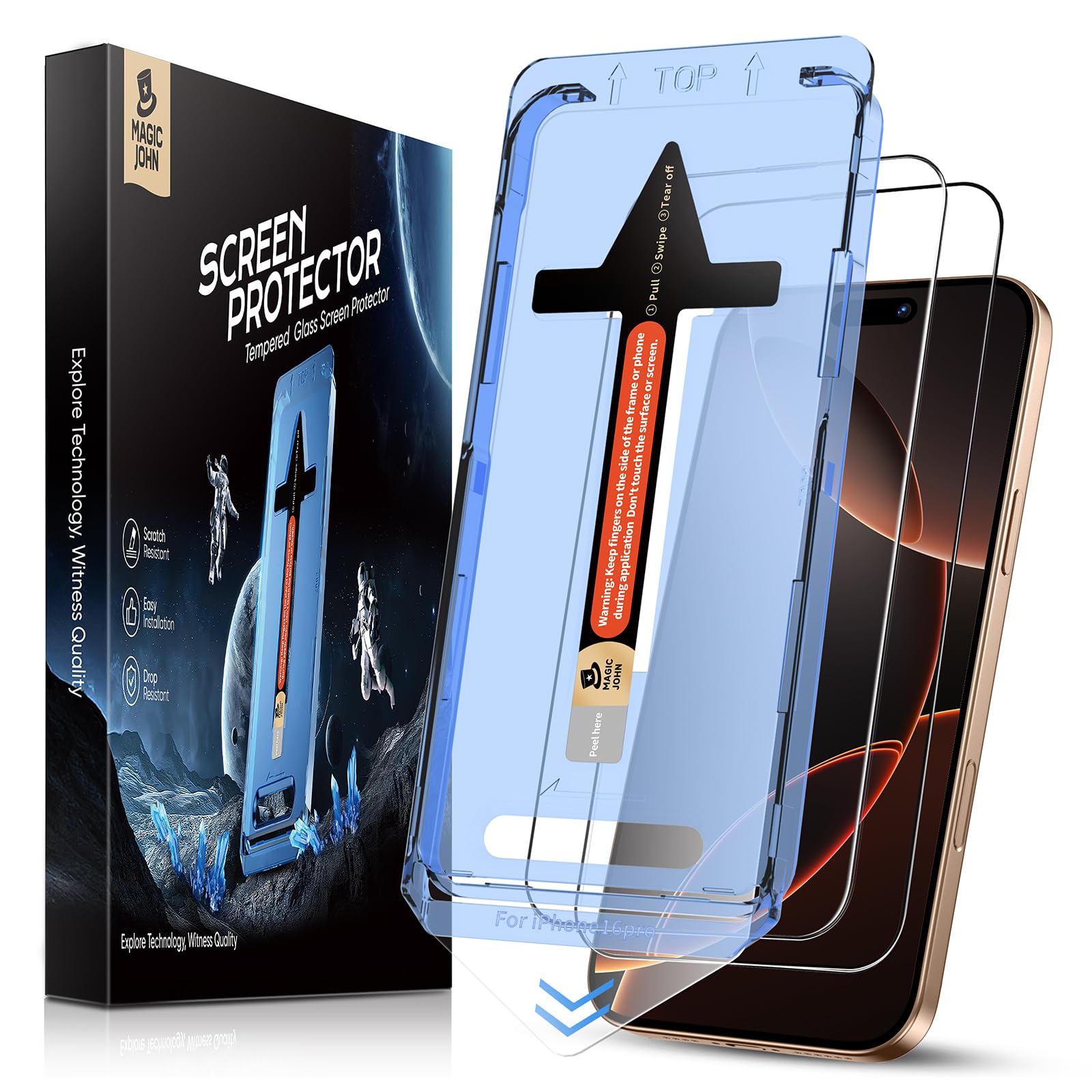 Magic John 2 Pack For Iphone 16 Pro 6.3 Inch Tempered Glass Screen Protector, Hd Clear, Bubble Free, Easy Installation, Auto Dus