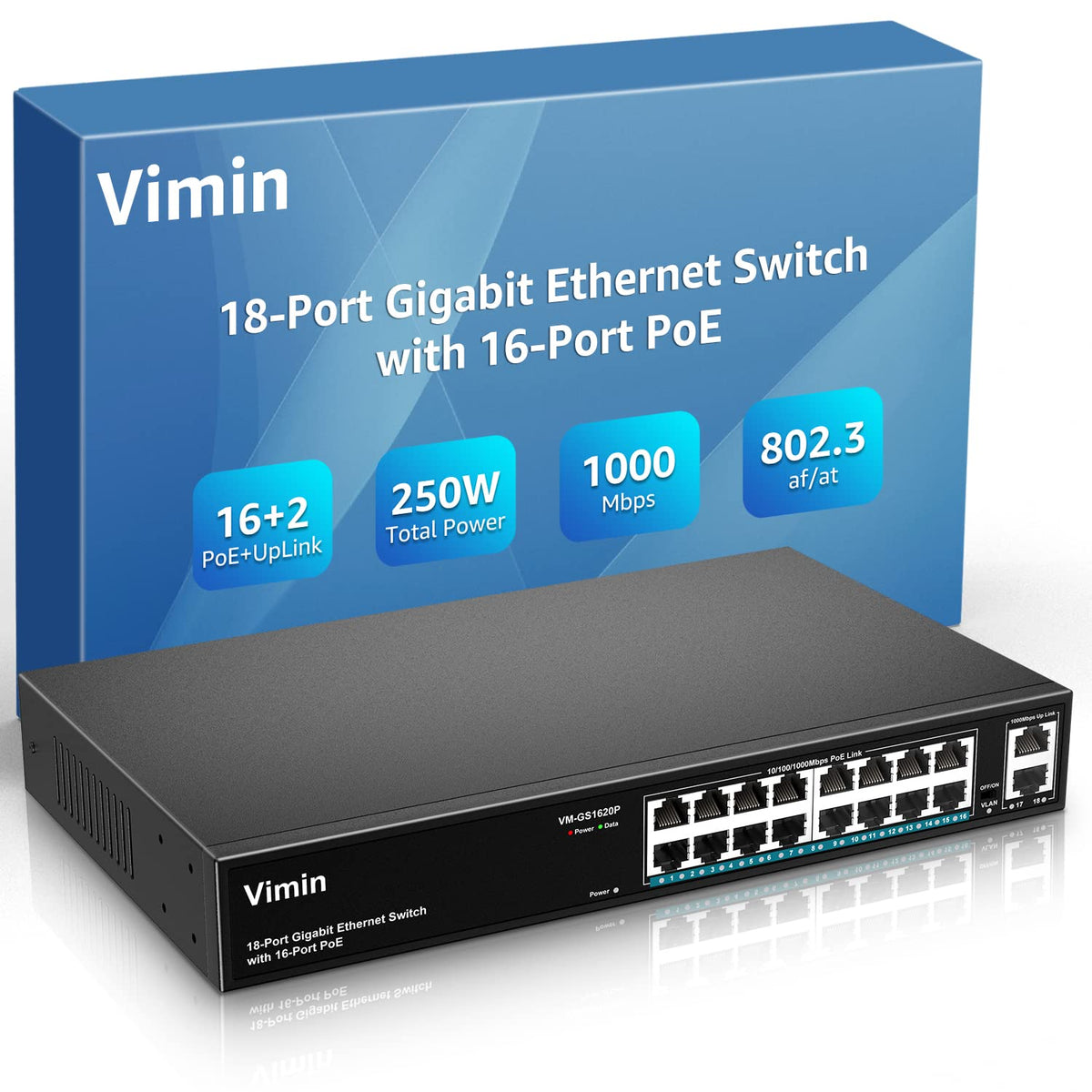 Vimin 16 Port Gigabit Poe Switch With 2 Uplink Gigabit Ports, 18 Port Unmanaged Ethernet Poe Switch With 250W Power, Support Iee