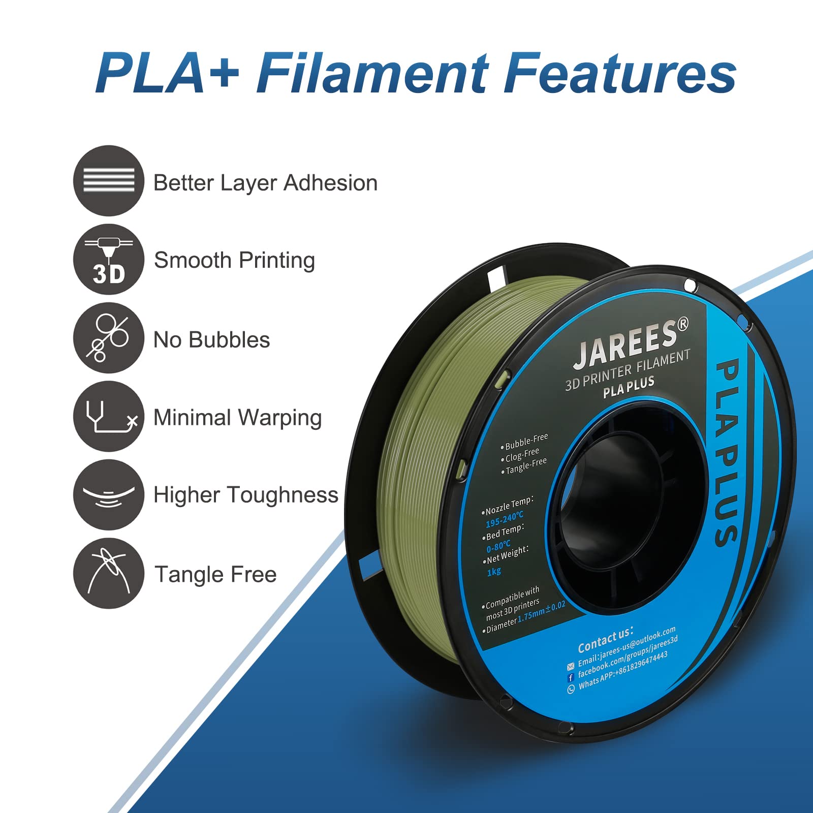 Jarees Pla Plus/Pro Filament 1.75Mm,High Speed Pla+ Roll 1Kg Spool (2.2Lbs),Olive Green Pla 3D Printer Filament Fit Most Fdm Pri