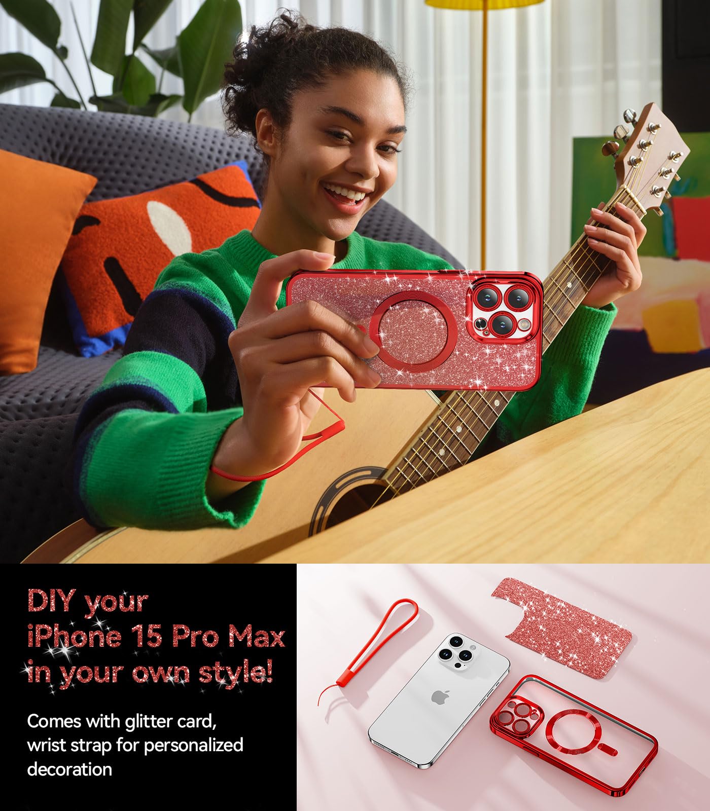 Meifigno Christmas Red Case Designed For Iphone 15 Pro Max, [Compatible With Magsafe][Glitter Card & Wrist Strap] Full Camera Le