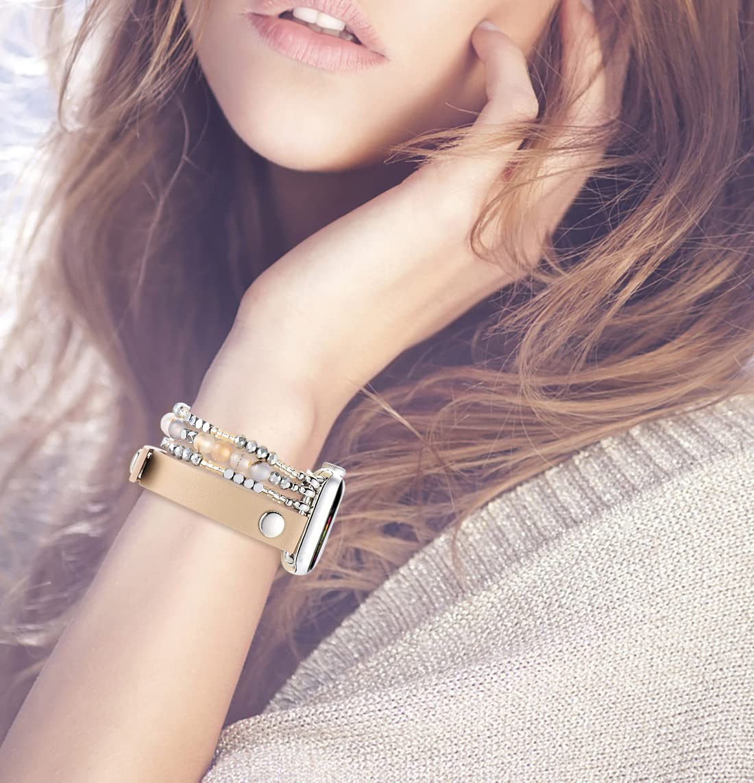 Fastgo Bracelet Band Compatible With Apple Watch 40Mm 38Mm 41Mm Women, Dressy Elastic Beaded Leather Strap For Iwatch Se&Series