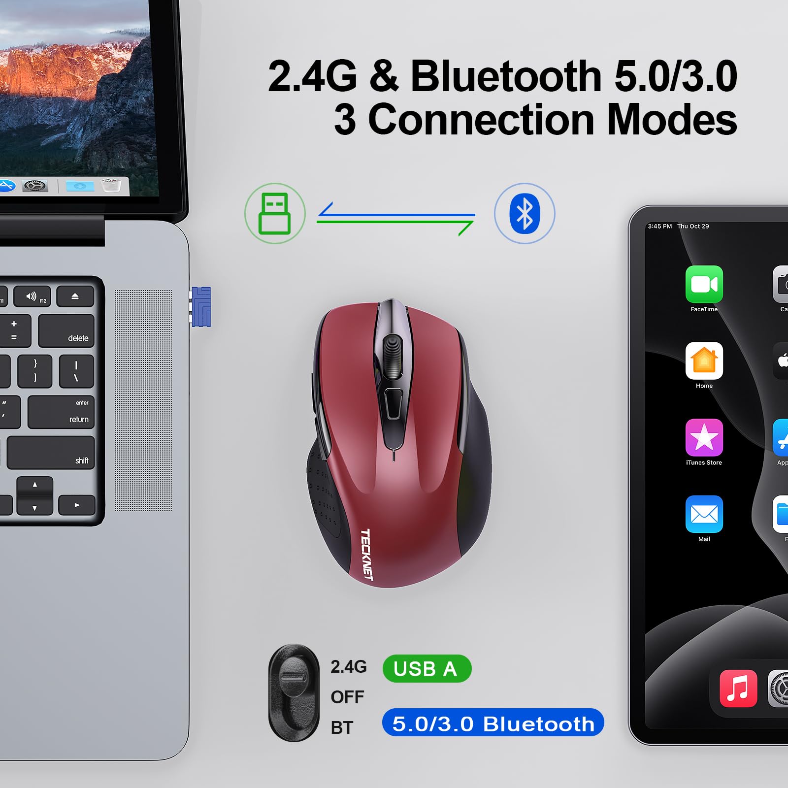 Tecknet Wireless Mouse (Bt5.0/3.0 & 2.4G) Rechargeable 4800 Dpi Silent 6 Button Bluetooth & Usb A Mouse   Wide Compatibility   Red