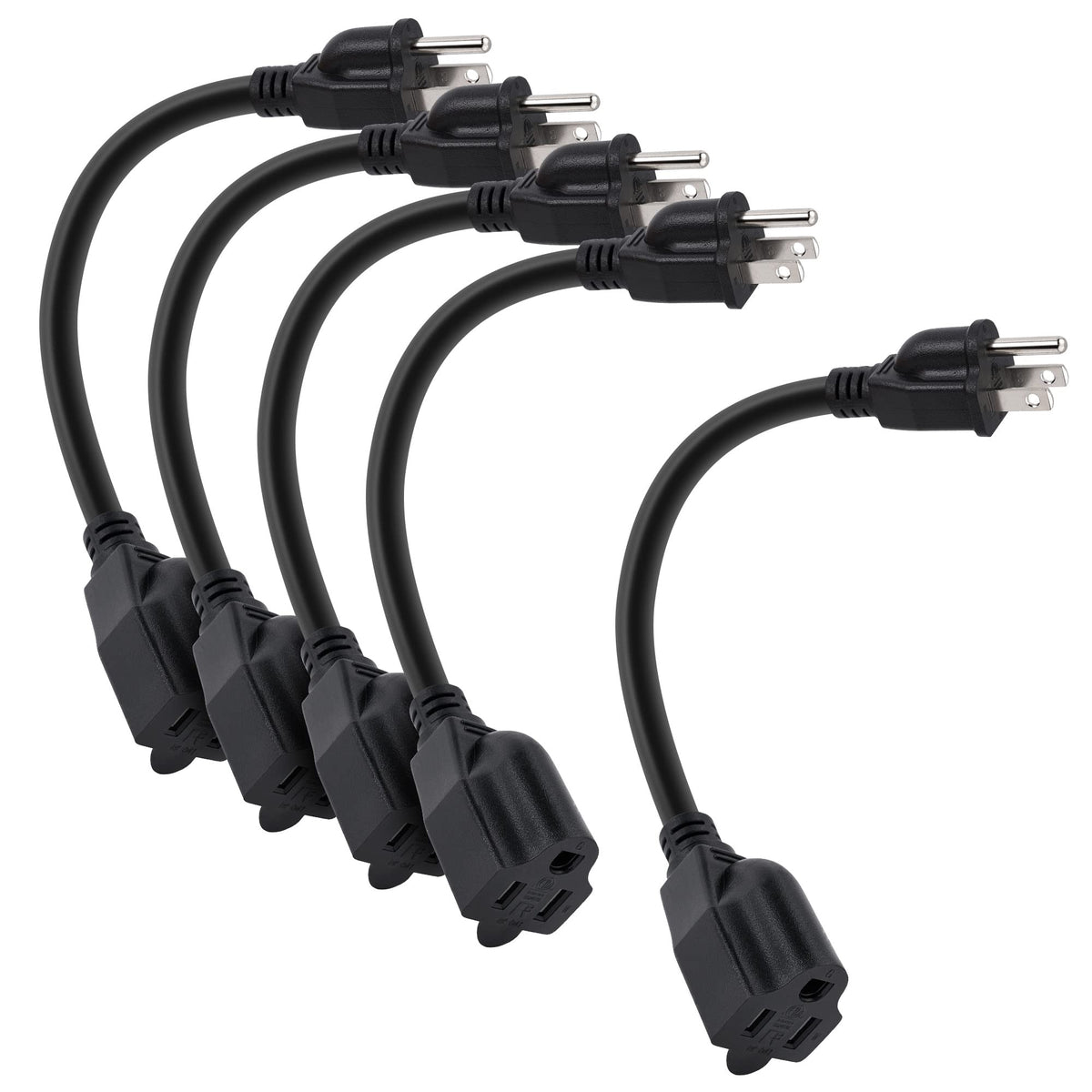 8 Inch Short Power Extension Cord Outlet Saver 5 Pack, 3 Prong Power Cable Strip, Male Plug To Female Socket Adapter, Etl Certif
