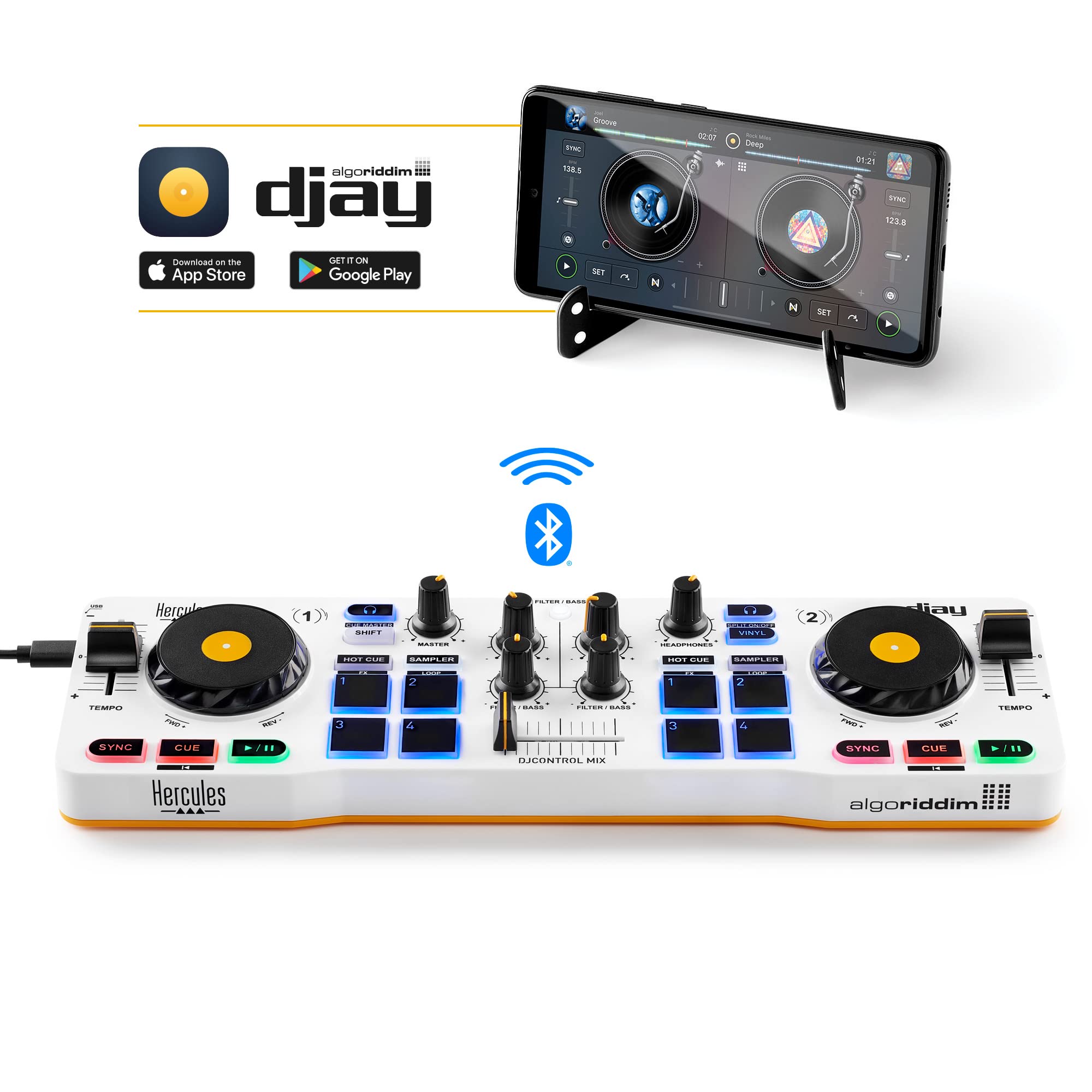 Hercules Djcontrol Mix   Bluetooth Wireless Dj Controller For Smartphones (Ios And Android)   Djay App   2 Decks, White