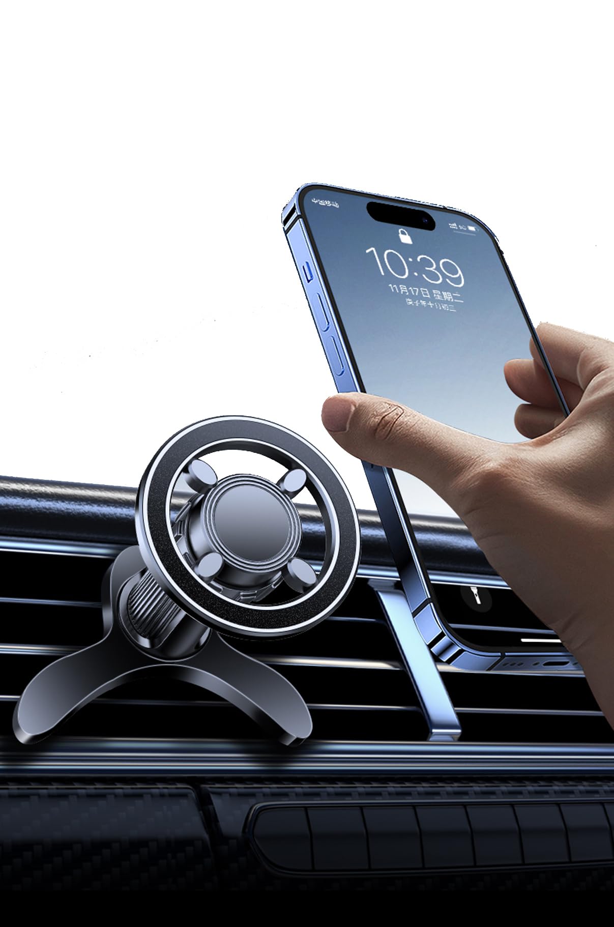 Mizi 2025 Mag-Safe Car Mount [17x N52 Magnets] Magnetic Phone Holder with 360 Rotation & Folding Hook Clip, Easy Install Air Ven
