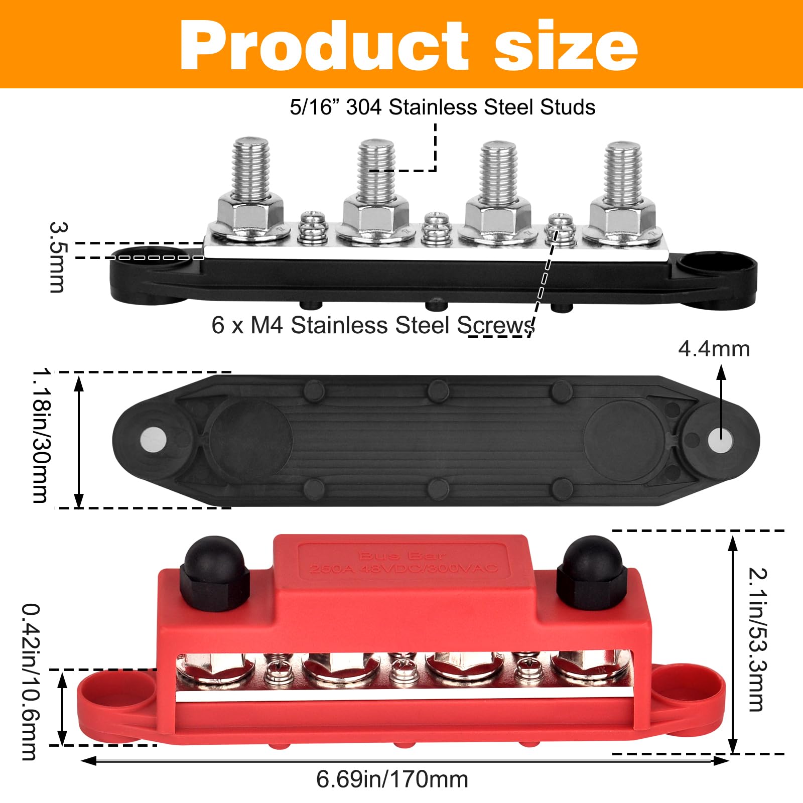 Yetlebox Power Distribution Block 12V 250A Bus Bar 4 X 5/16'' Stud Marine, 6 X #8 Screws Terminals Block (Pair   Red & Black)