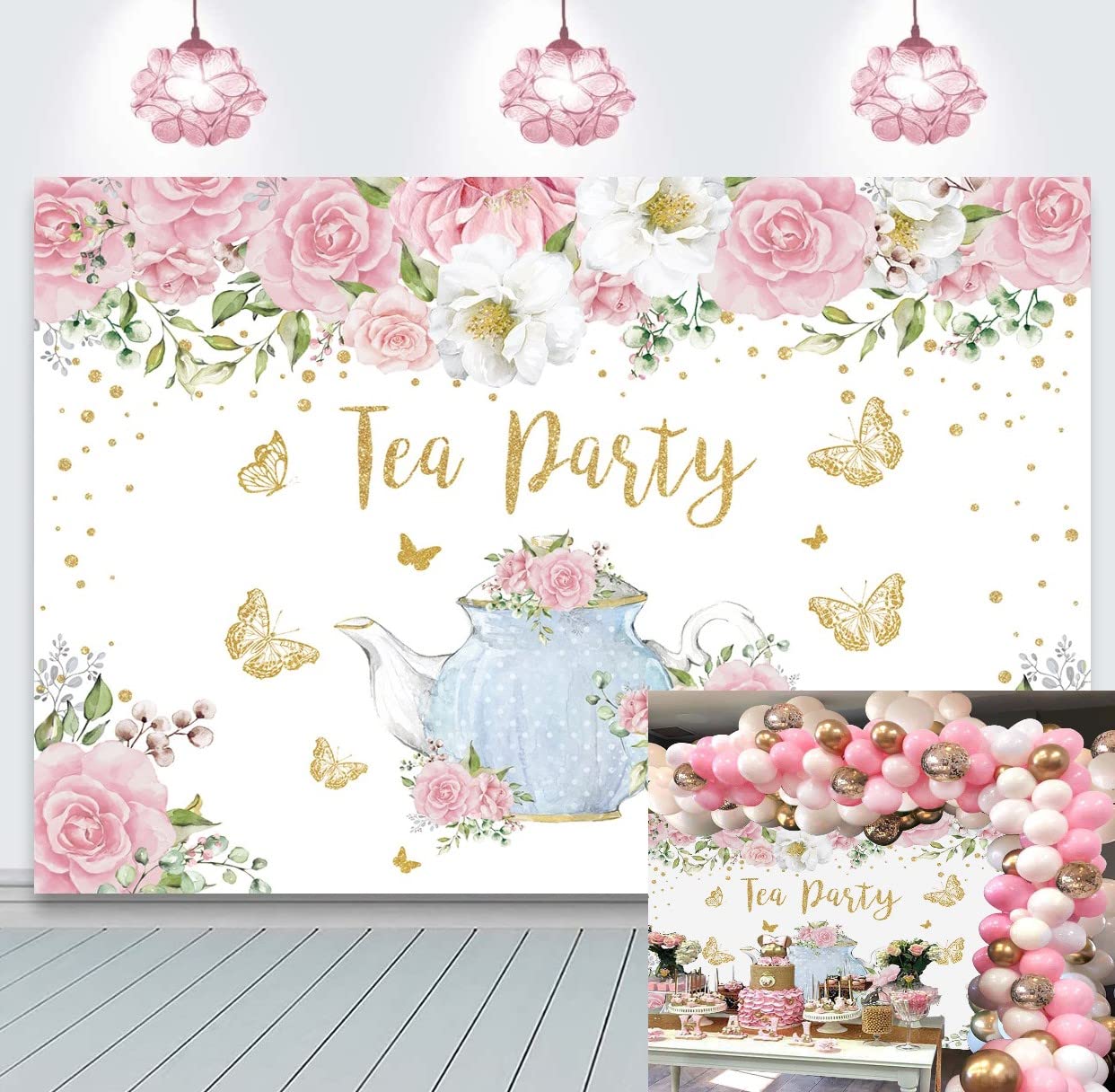 Tea Party Backdrop Pink Rose Floral Gold Butterfly Teapot Let'S Partea Background Spring Girl Princess Wonderland Afternoon Tea