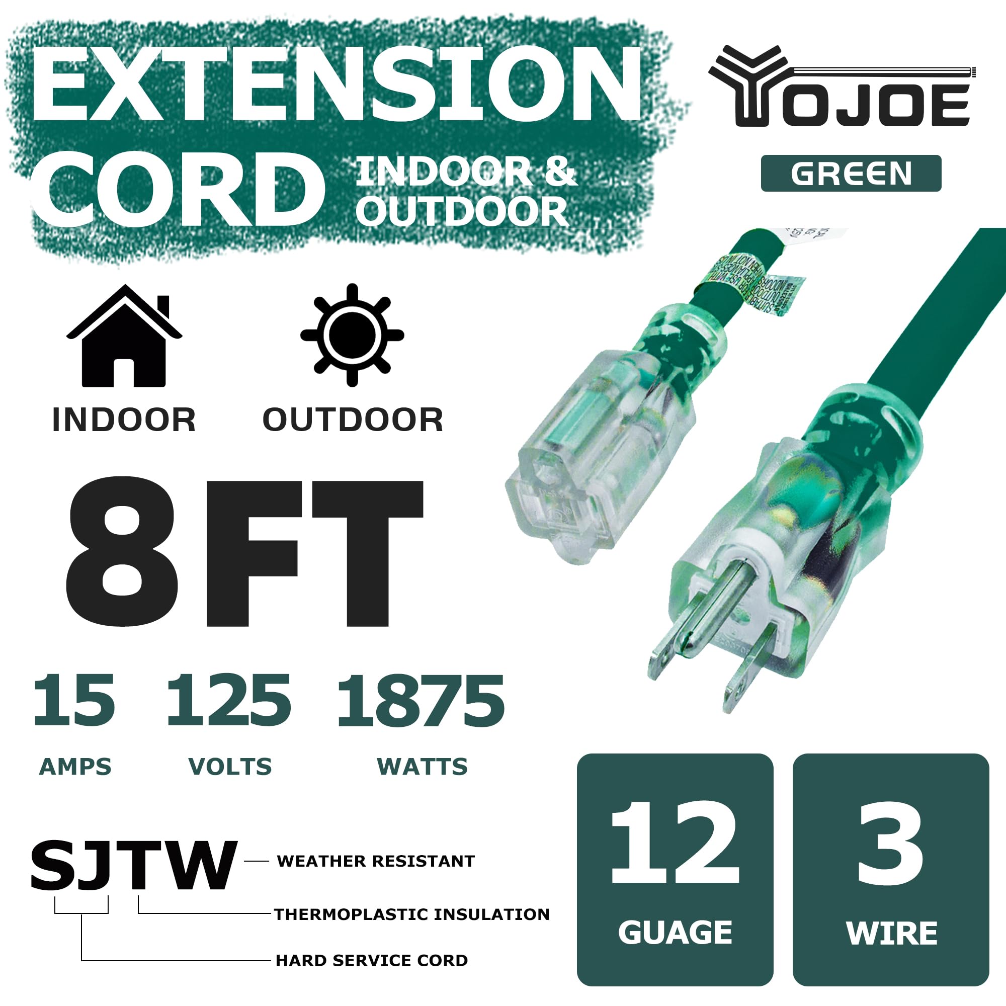 Yojoe Indoor Outdoor Extension Cord With Lighted End, 3 Prong 15A Weatherproof Power Extension Cord, 12 Gauge Heavy Duty 8 Ft Gr