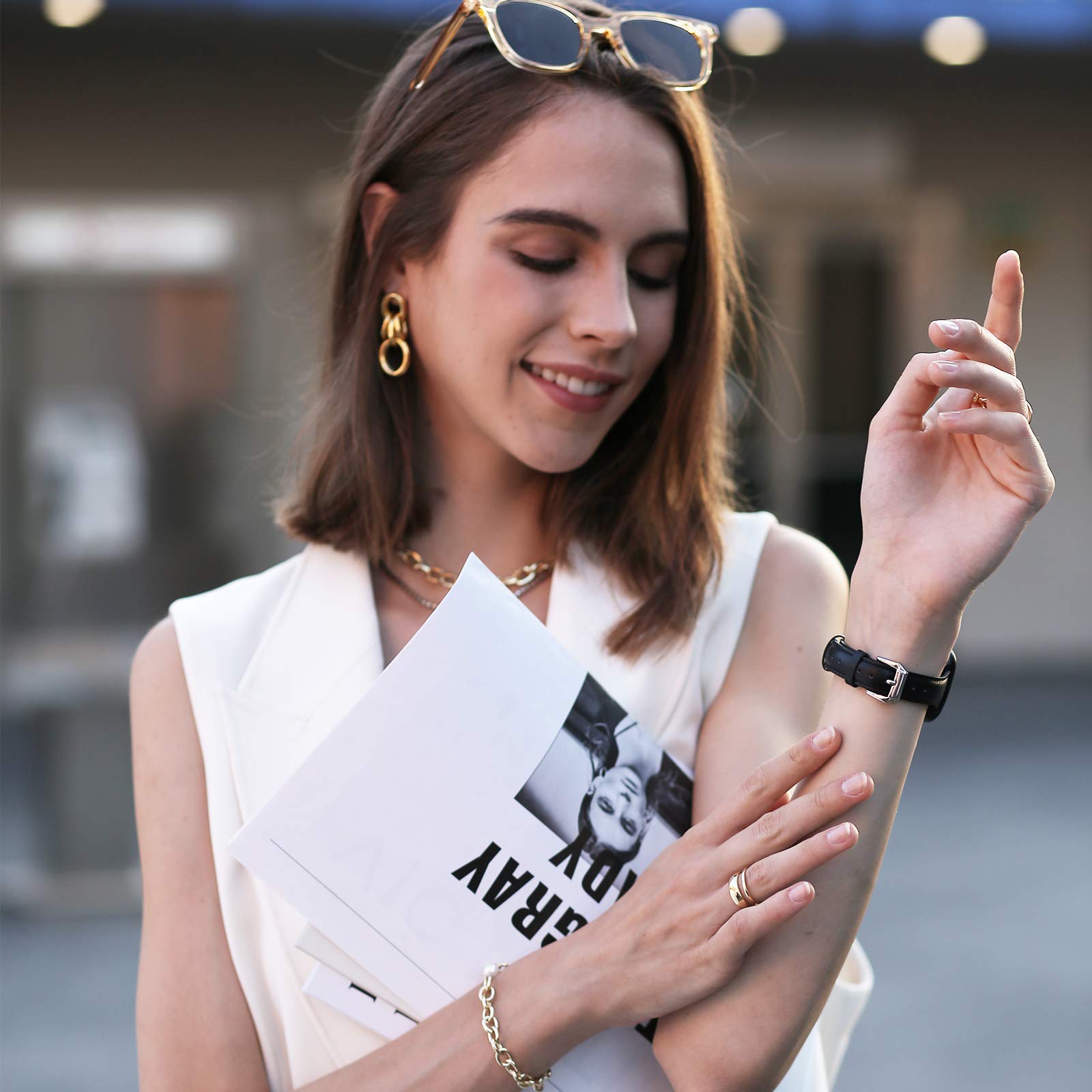 Moolia Compatible With Fitbit Versa 4/Versa 3/Sense 2/Sense Band For Women Slim Strap, Top Grain Genuine Thin Leather Replacemen