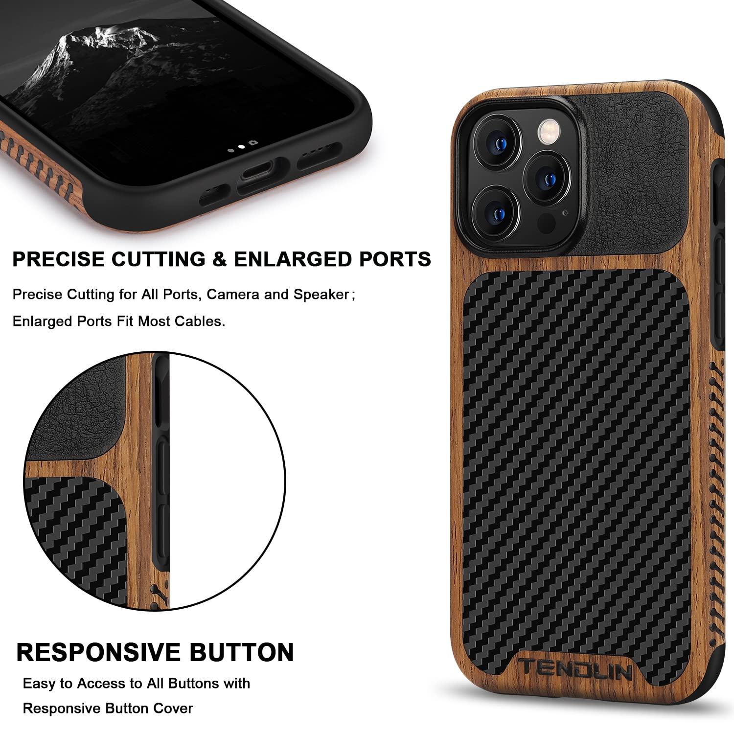 Tendlin Compatible With Iphone 13 Pro Case Wood Grain With Carbon Fiber Texture Design Leather Hybrid Case Compatible For Iphone