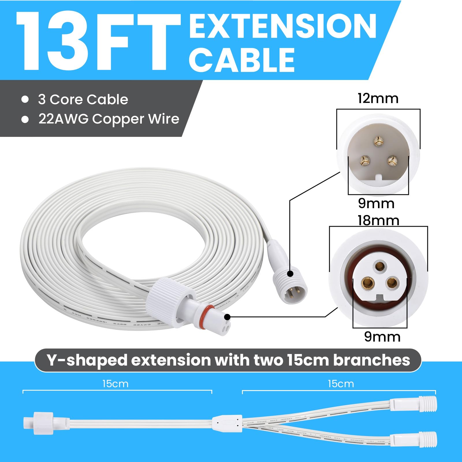 Permanent Outdoor Lights Extension Lead Waterproof Cord,Waterproof Extension Cable 3Pin,Ip68 Extension Cable,13Ft