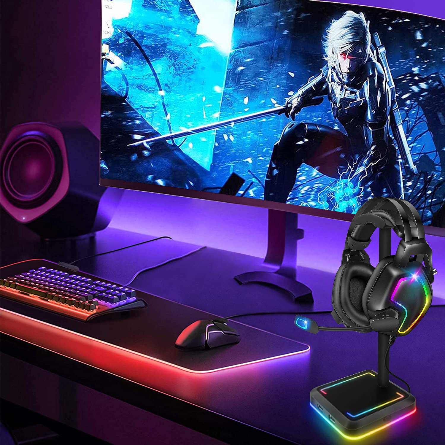 Teedor Headphone Stand, Rgb Gaming Headset Holder With 2 Usb Charger Ports & 10 Lighting Modes For Desktop Pc Game Earphone Acce