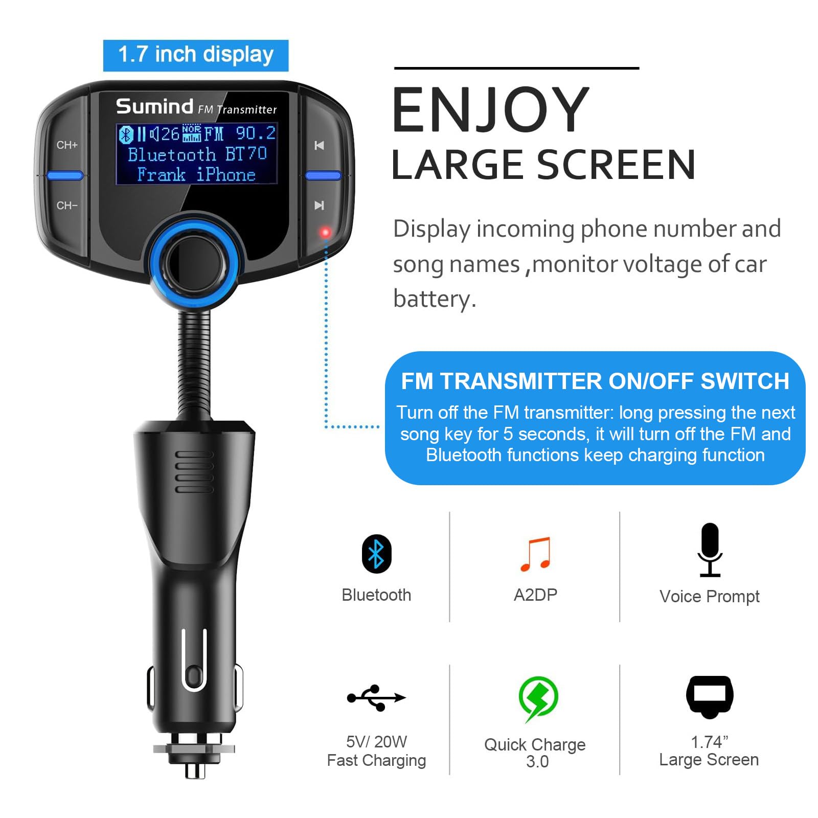 Upgraded Bluetooth Fm Transmitter, Wireless Radio Adapter Hands Free Car Kit With 1.7'' Display, Qc3.0 And Smart 2.4Amp Dual Usb Ports, Aux Input/Output, Tf Card Mp3 Player (Pd, Black)