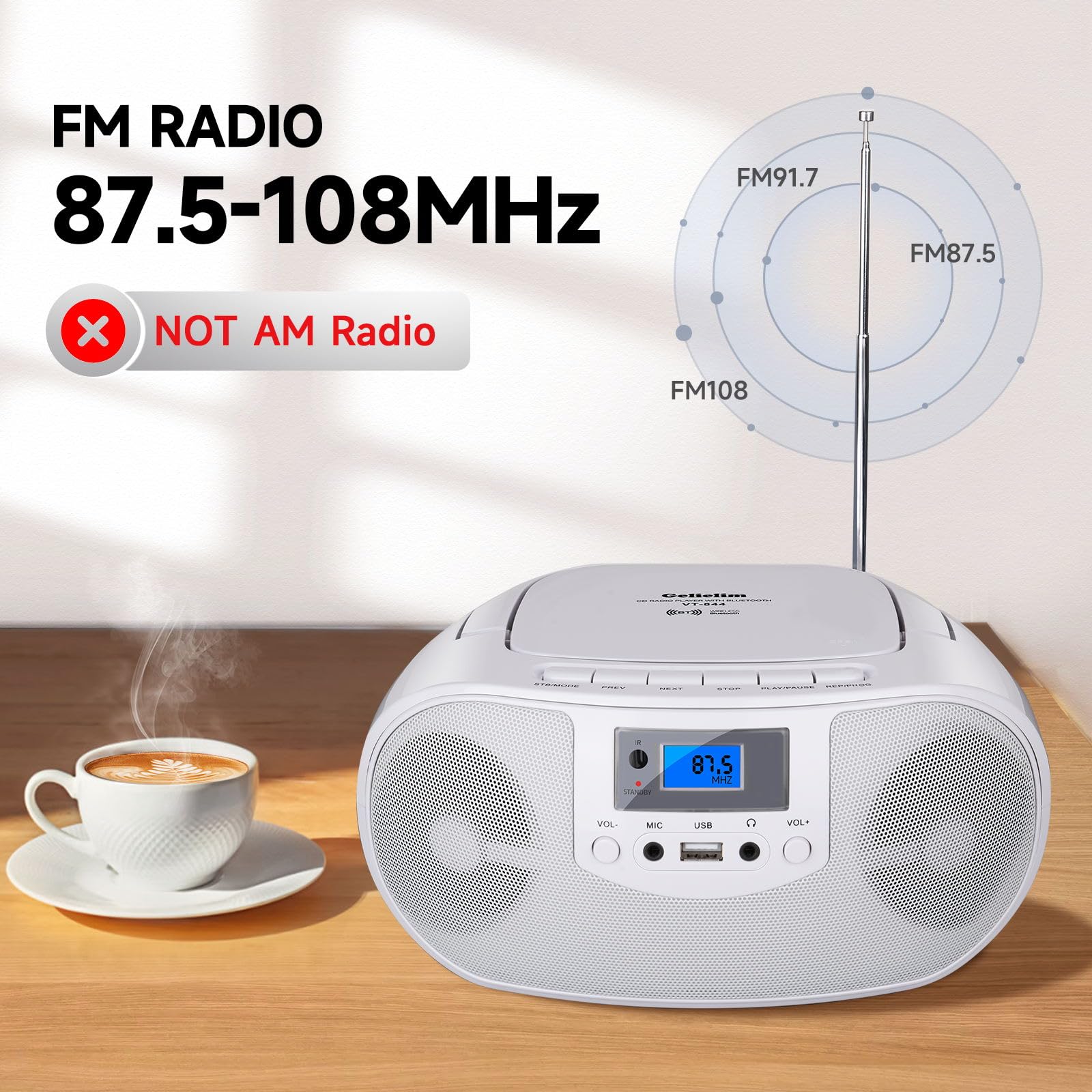 Gelielim Cd Player Boombox, Fm Radio With Bluetooth, Remote Control, Portable Cd Players For Home With Headphone, Mic Jack, Disc