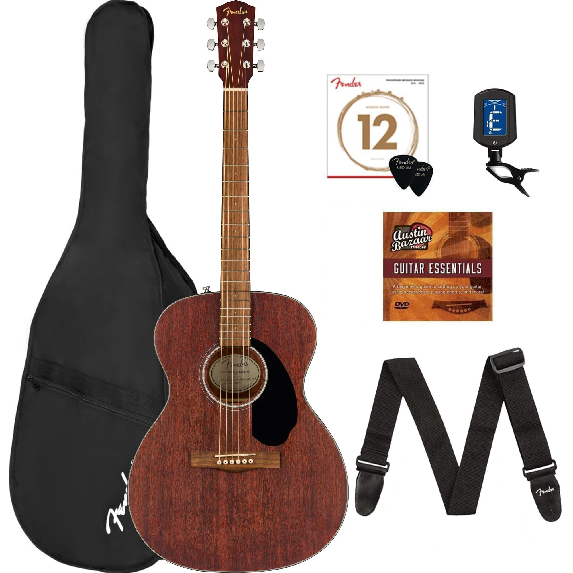 Fender CC-60S Solid Top Concert Size Acoustic Guitar Bundle with Gig Bag, Tuner, Strap, Strings, Picks, Fender Play Online Lesso