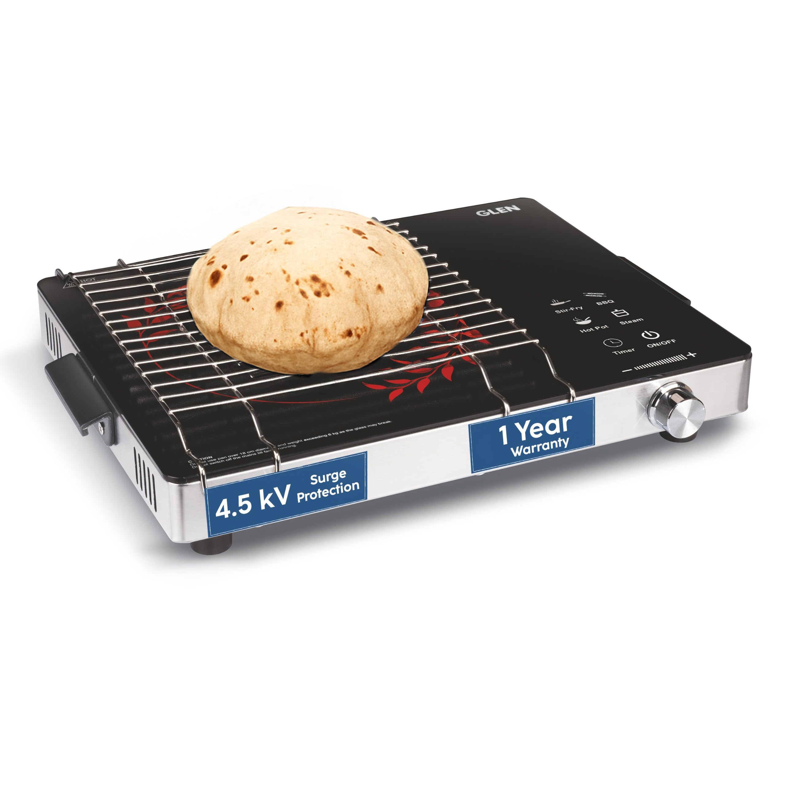 Glen 2200W Infrared Cooktop Stove With Grill Rack For Barbecue, Touch Control, Crystal Glass Plate, Digital Display, 4 Modes, Ti