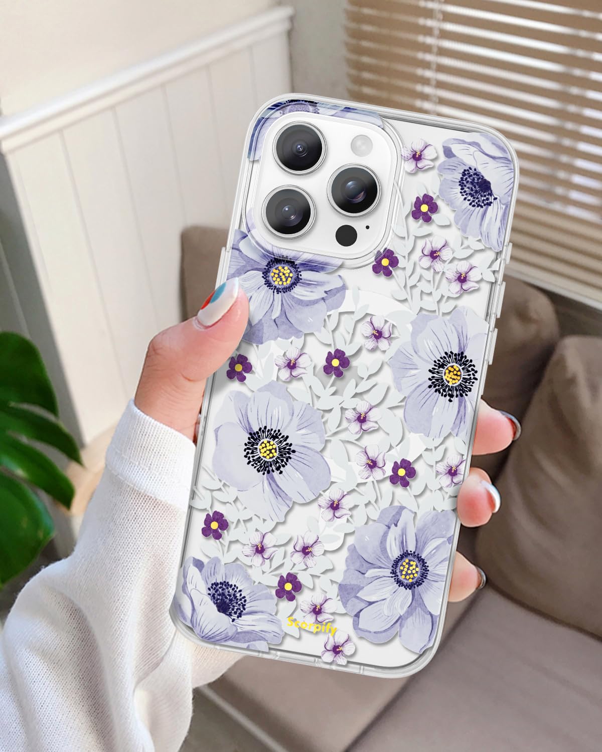 Scorpify For Iphone 16 Pro Max Case [Compatible With Magsafe] With Purple Anemone Floral Design, Cute Clear Flower Phone Magneti