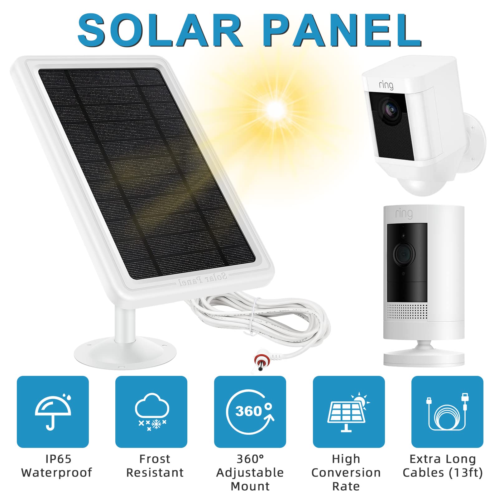 Ring Solar Panel Charger, Solar Panel For Ring Stick Up Cam 2Nd & 3Rd Gen, Ring Spotlight Camera Battery, 5V 4.5W Output Super F
