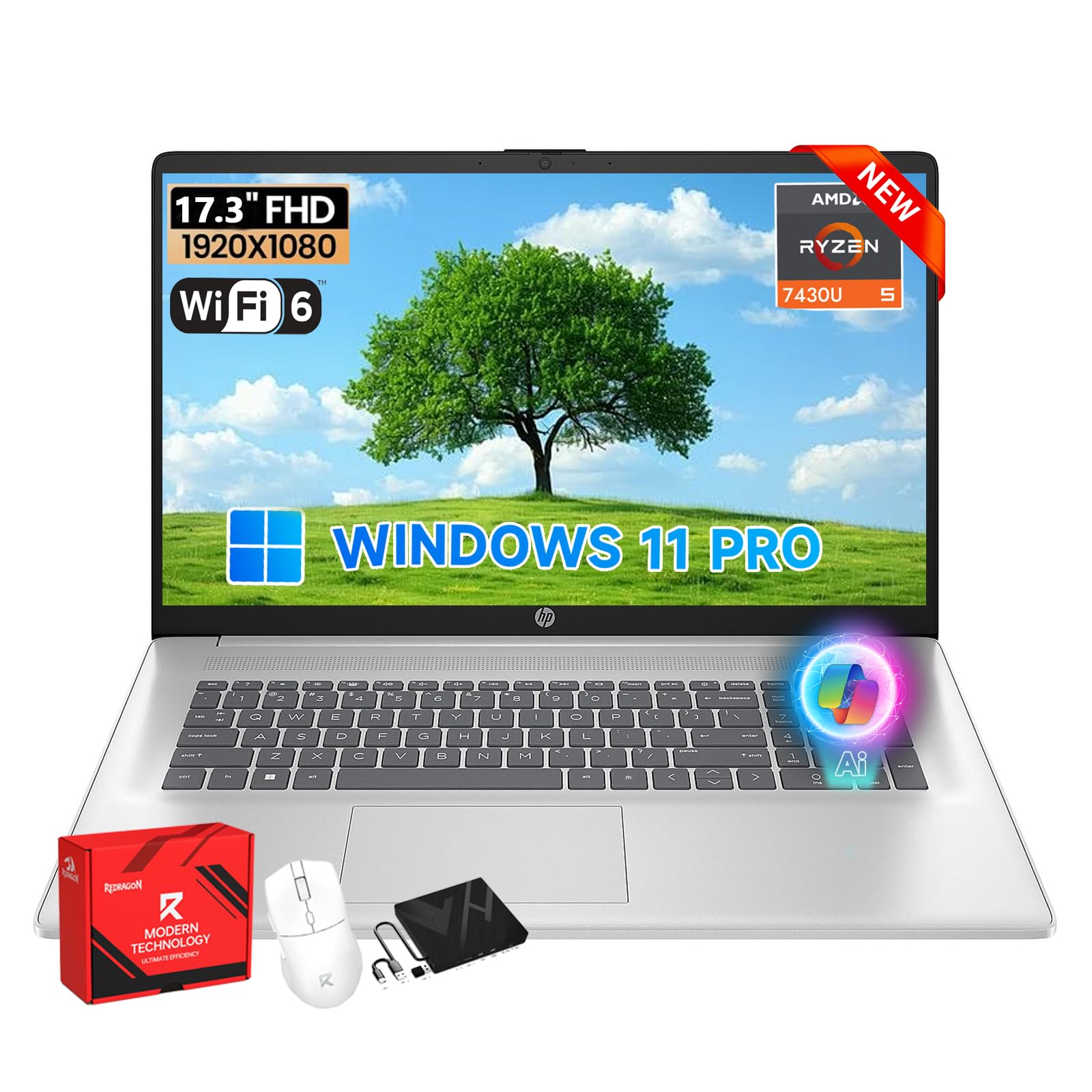 HP 17 inch FHD Student Business Laptop, AMD Ryzen 5 7430U, 20GB RAM 512GB SSD, Windows 11 Pro, 17.3 FHD IPS, Copilot AI, Numeric
