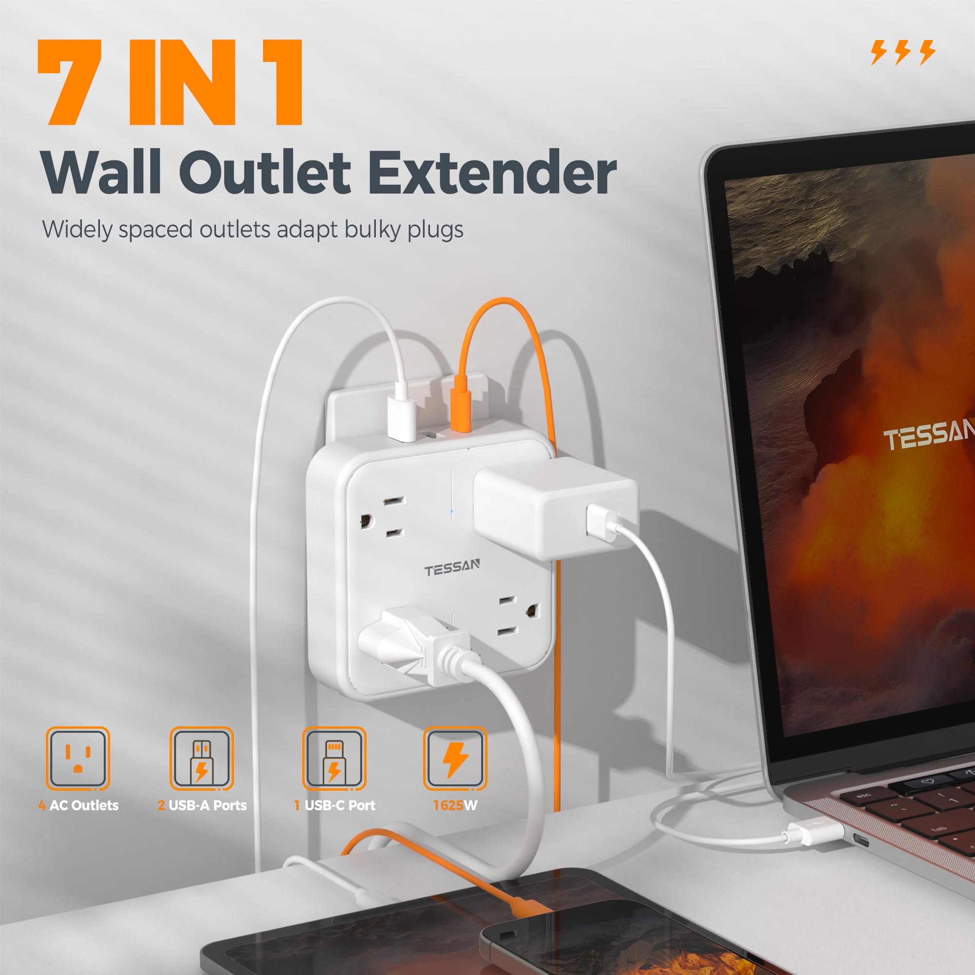 Surge Protector Outlet Extender, Tessan Multi Plug Wall Outlet Splitter With 4 Outlets And 3 Usb (1 Usb C), Multiple Plug Expand