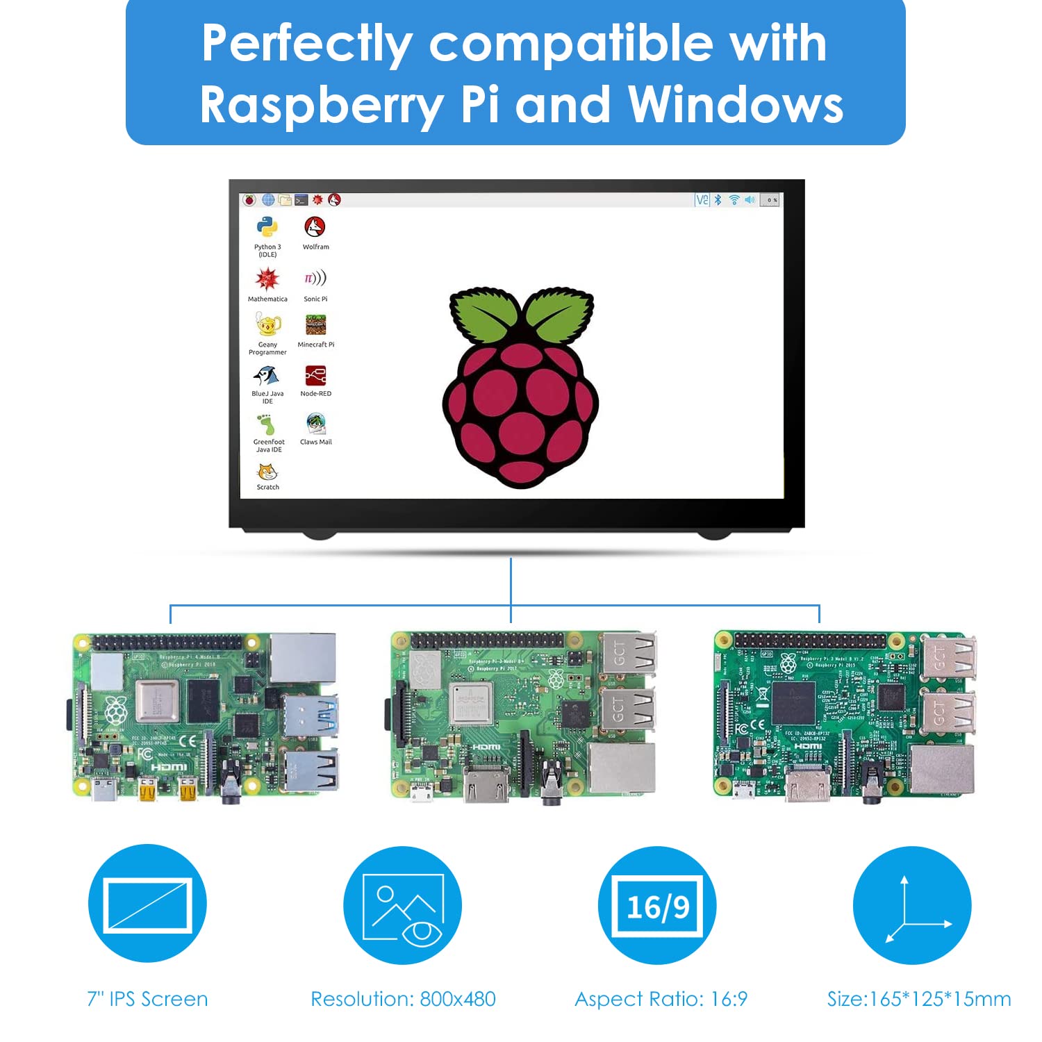 Hmtech 7 Inch Raspberry Pi Screen 800X480 Hdmi Portable Monitor Ips Lcd Display For 4/3/2/Zero/B/B+ Win11/10/8/7 (Non Touch)