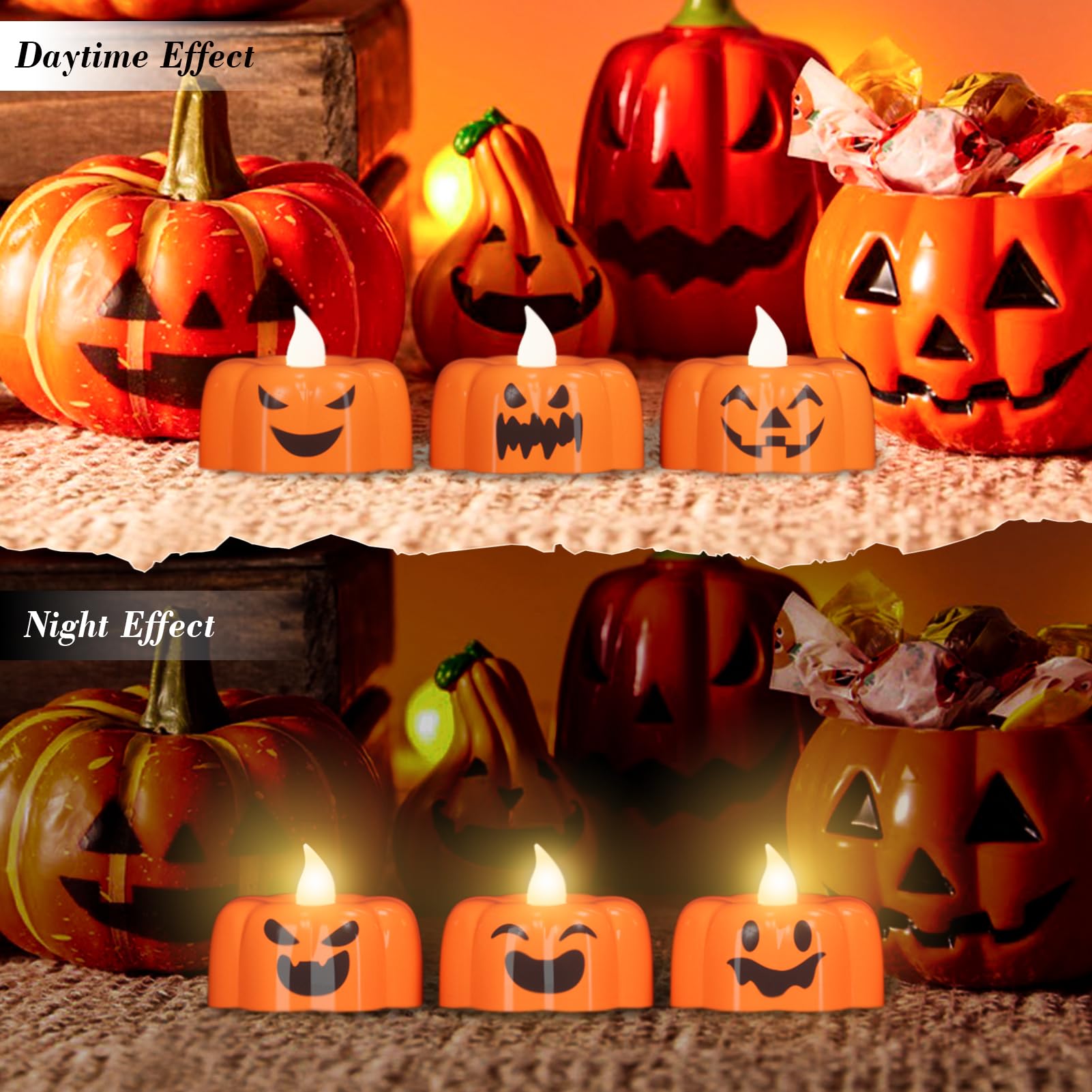 Wondise Halloween Flameless Candles, Pumpkin Battery Operated Candles With Timer, Led Flickering Votive Tealight Spooky Candles