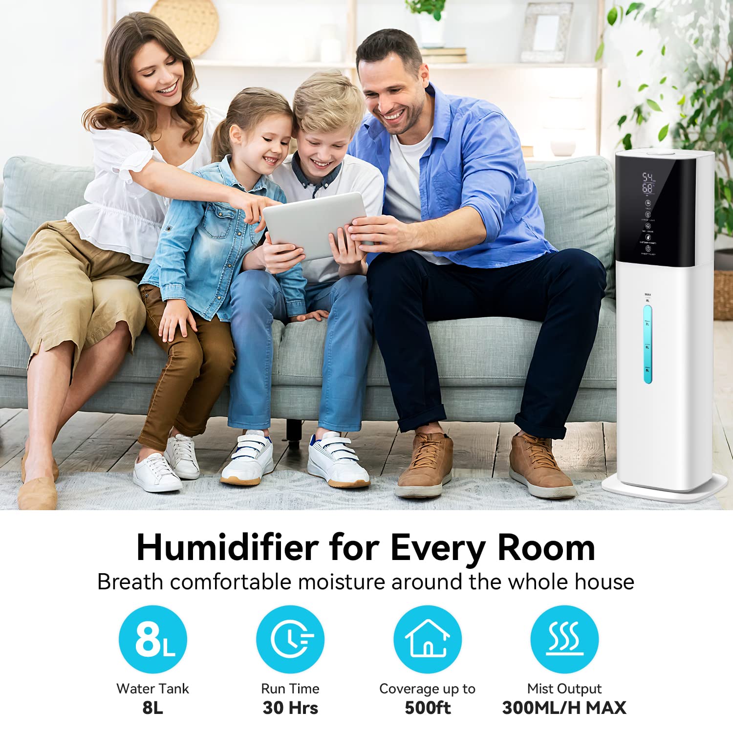 Humidifiers Large Room Bedroom With 7 Colors Light,Honovos 8L 2.1Gal Quiet Ultrasonic Cool Mist Topfill Humidifier With 360 Nozz