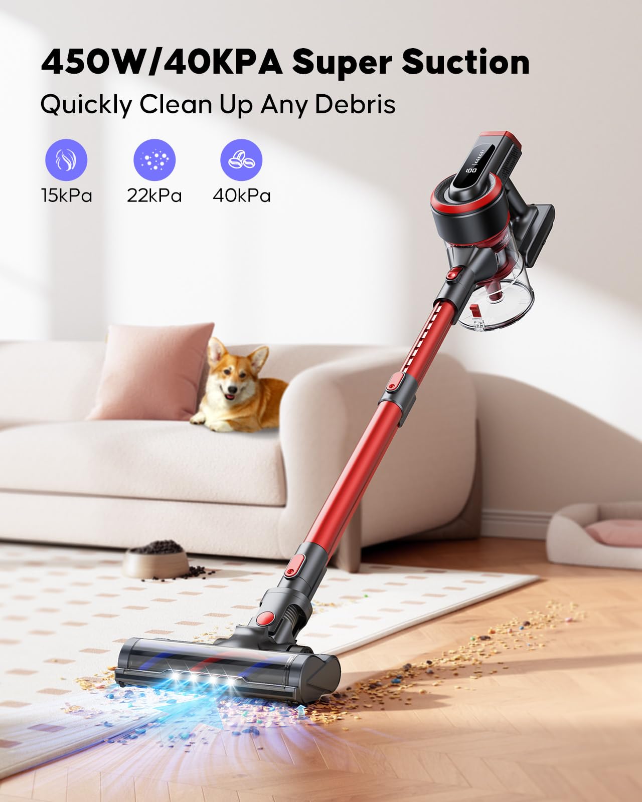 Powerffy Cordless Vacuum Cleaner, 40Kpa/450W Stick Vacuum Cleaner Up To 55 Mins Runtime With Led Touch Screen, Handheld Anti Tan