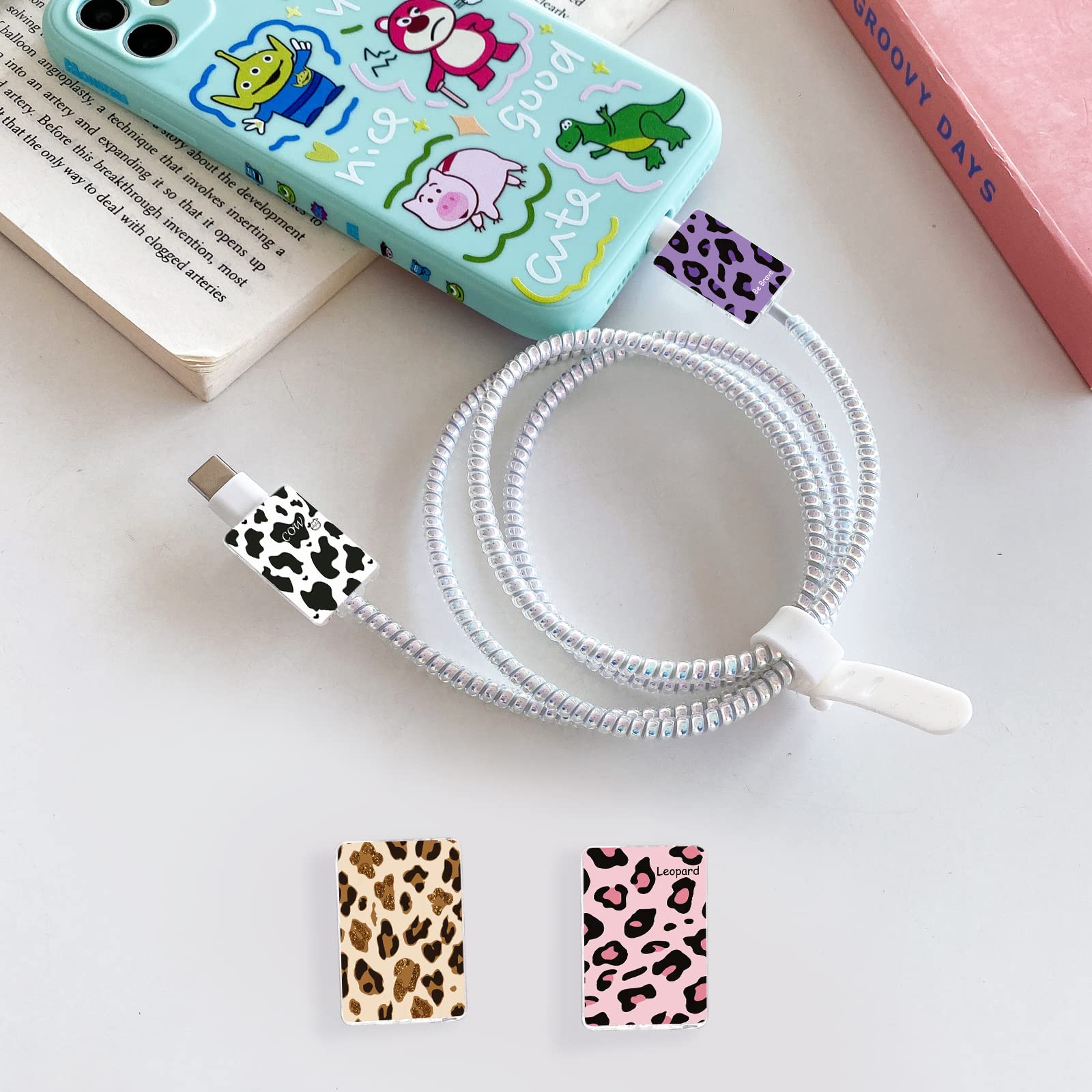 Cute Cable Protector For Iphone Type C Charger, Kawaii Luxurious Leopard Cow Print Pattern 4 Pcs Set Cable Protector For Women G