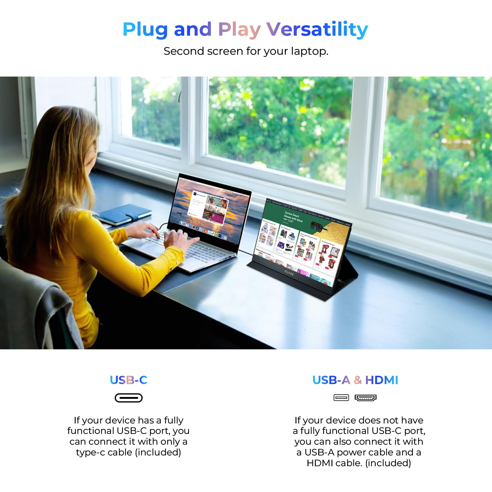 Wuawe Portable Monitor,15.6 R 1080P 72% Ntsc 98% Srgb Usb C Hdmi Travel Monitor For Laptop, External Second Computer Monitor Wit