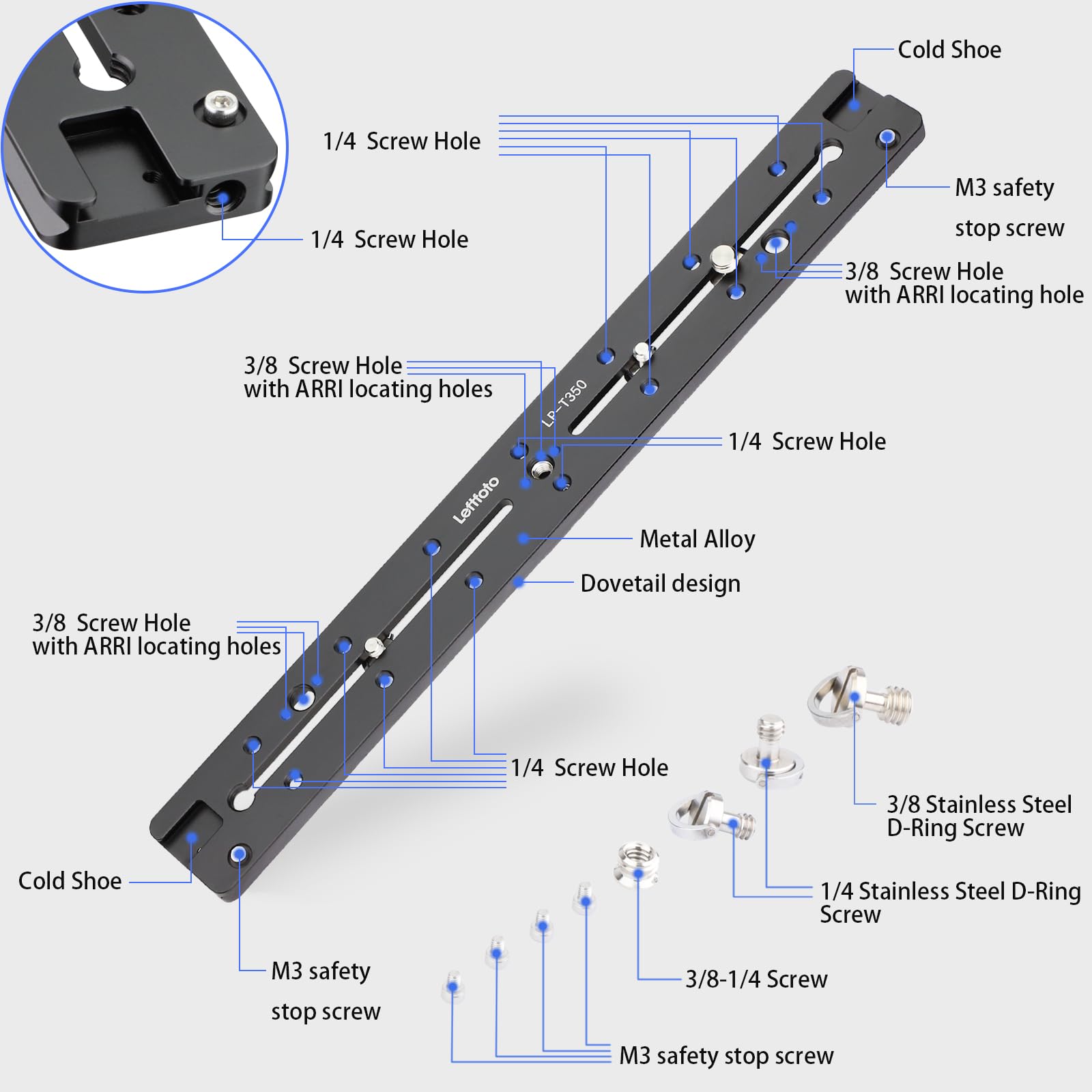 Leftfoto 350Mm Double Dovetail Slide Rail With Arca Swiss Quick Release Plate,Locating Hole For Arri,1/4'' & 3/8'' Threads,Cold