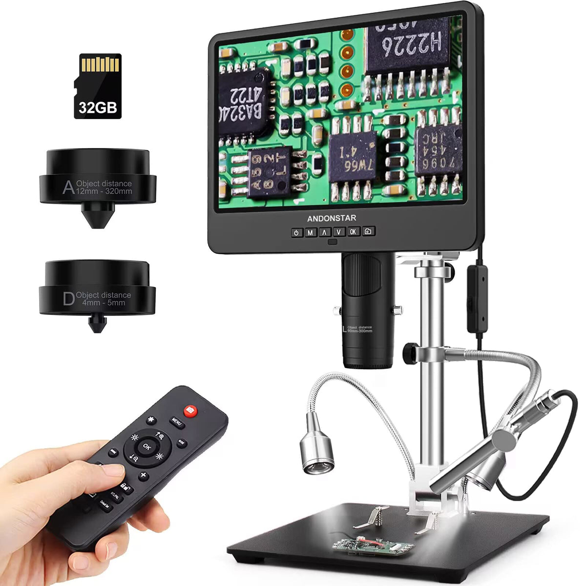 Andonstar Ad249S M 3 Lens Hdmi Digital Microscope 2000X With Endoscope, 2160P Uhd Video Record 10.1 Inch Lcd Microscope, Solderi