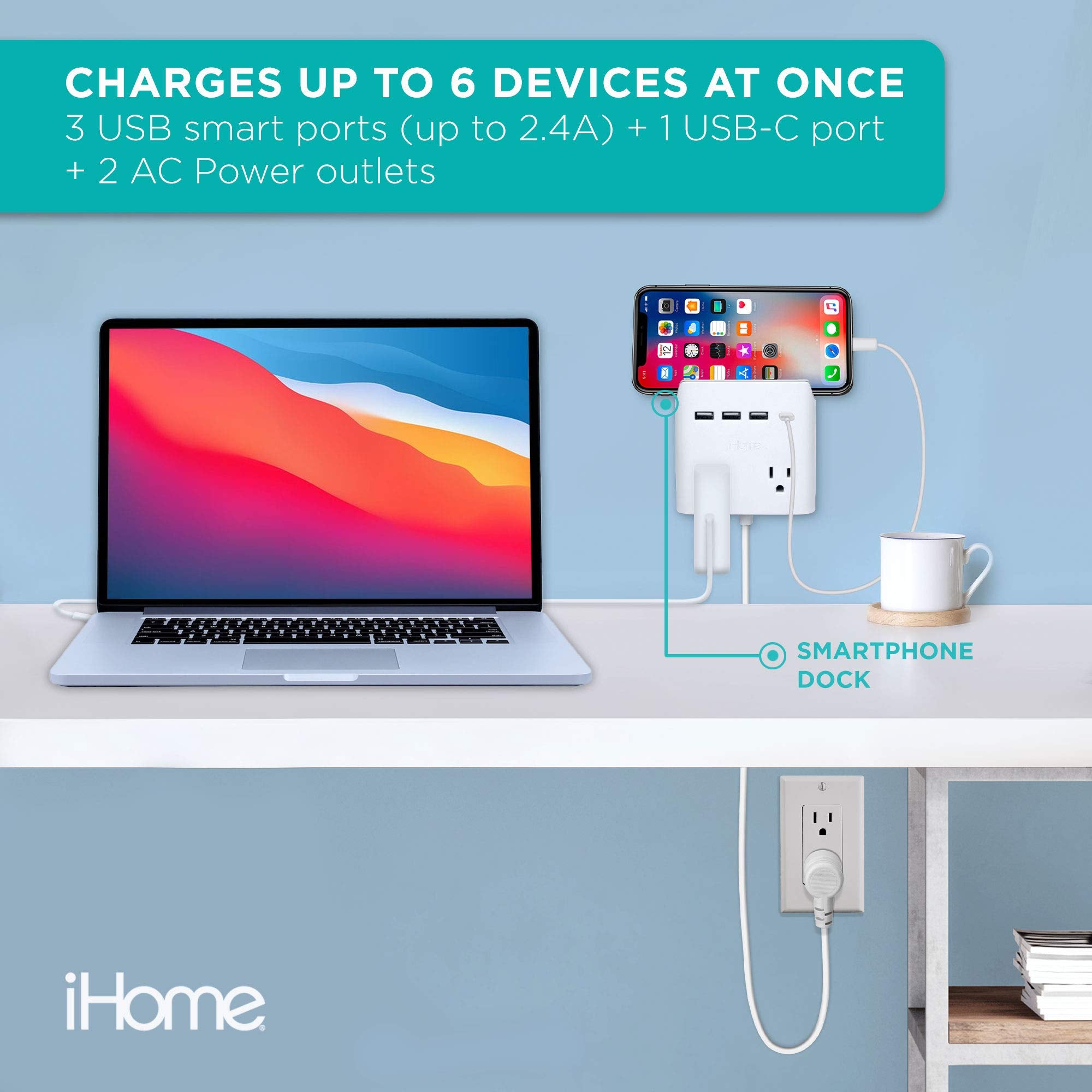 Ihome Power Reach Multiple Plug Outlet Extender With 2 Outlets, 4 Port Usb Wall Charger (1 Usb C, 3X Usb A), 6 Ft Extension Cord