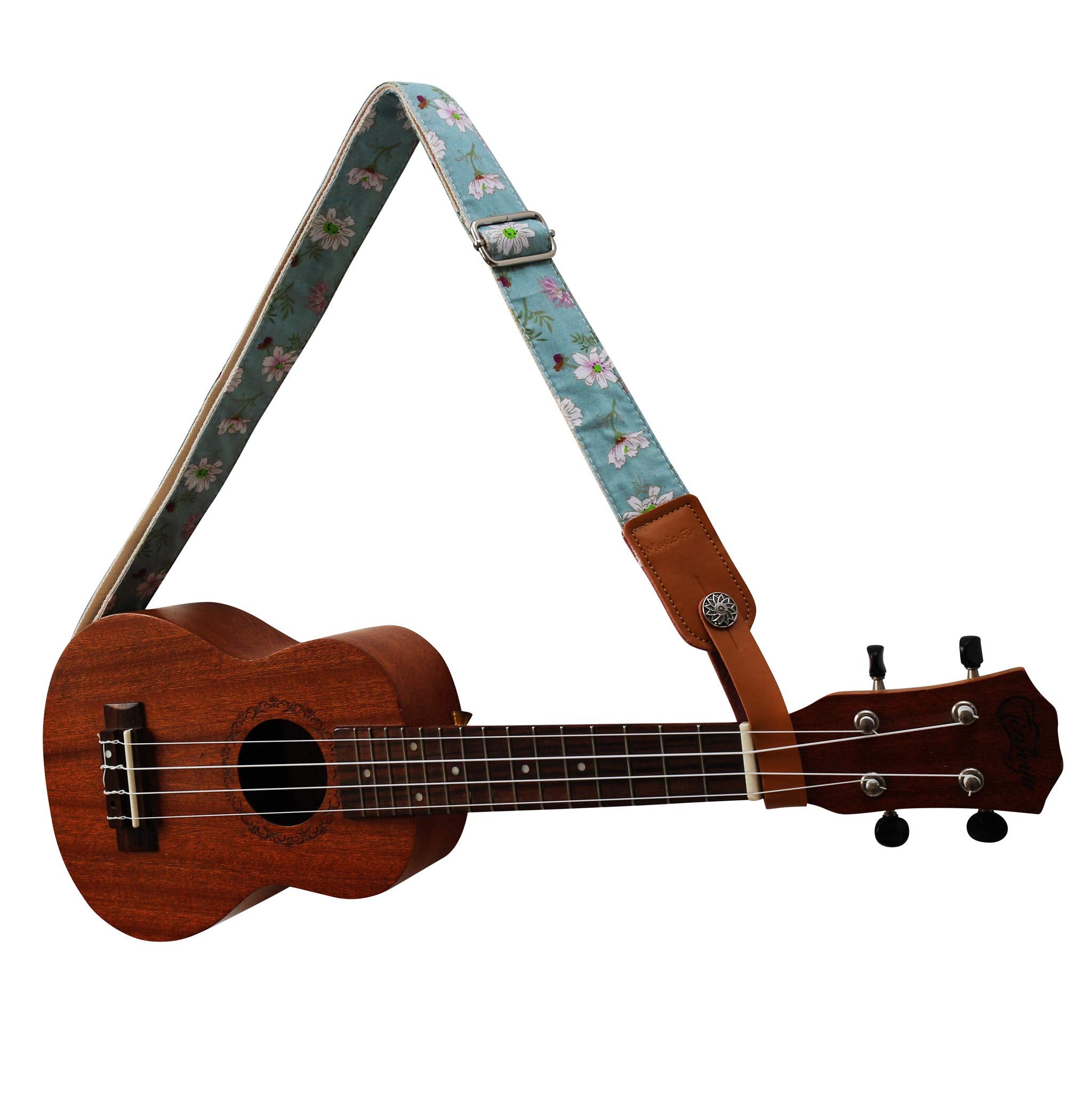Music First Original Design Vintage Blue Daisy    Soft Muslin & Genuine Leather Ukulele Strap Ukulele Shoulder Strap With A Genu