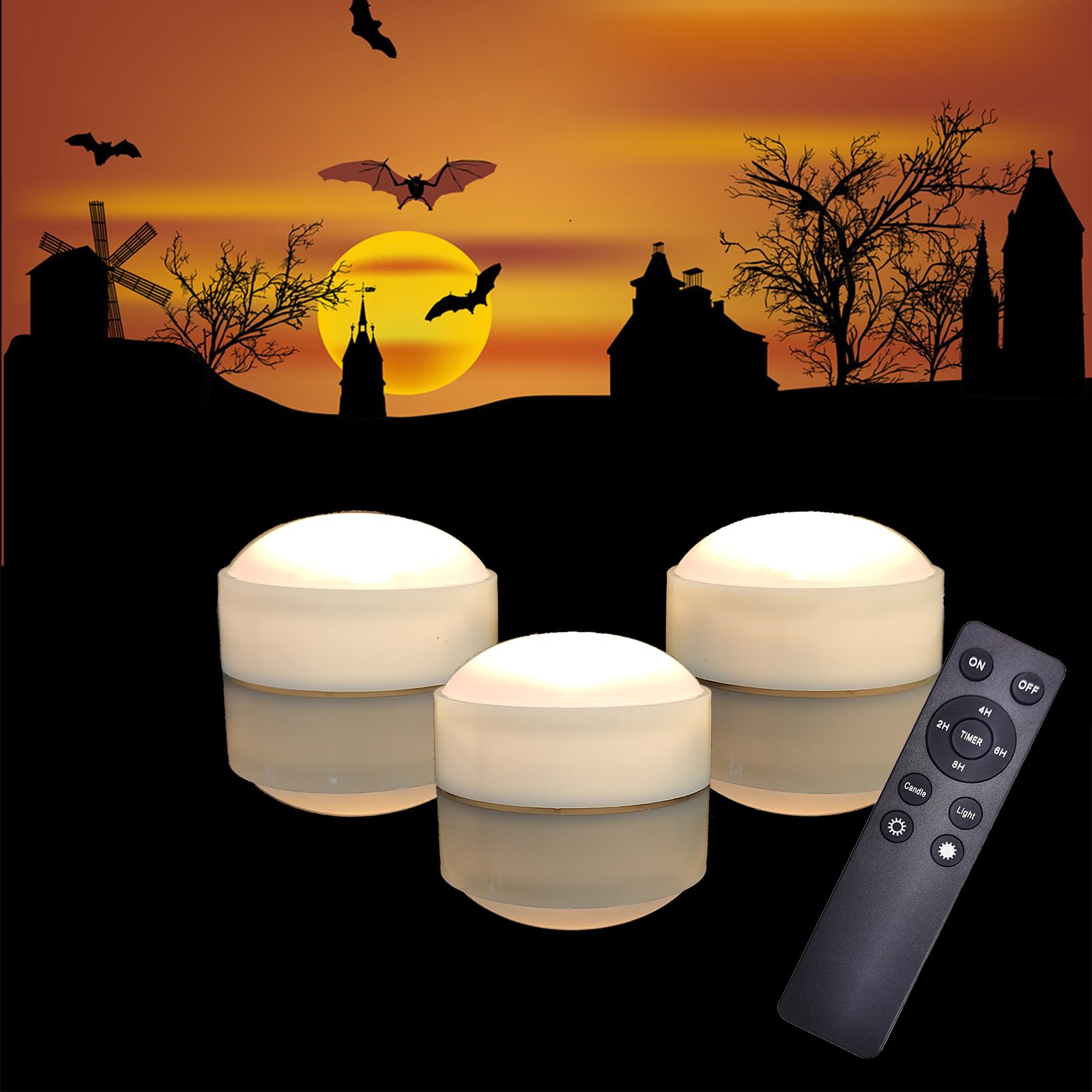 Izan 3 Pack Battery Operated Led Lights With Remote And Timer, Bright Flickering Flameless Candle Set For Pumpkin D  Cor Jack O 